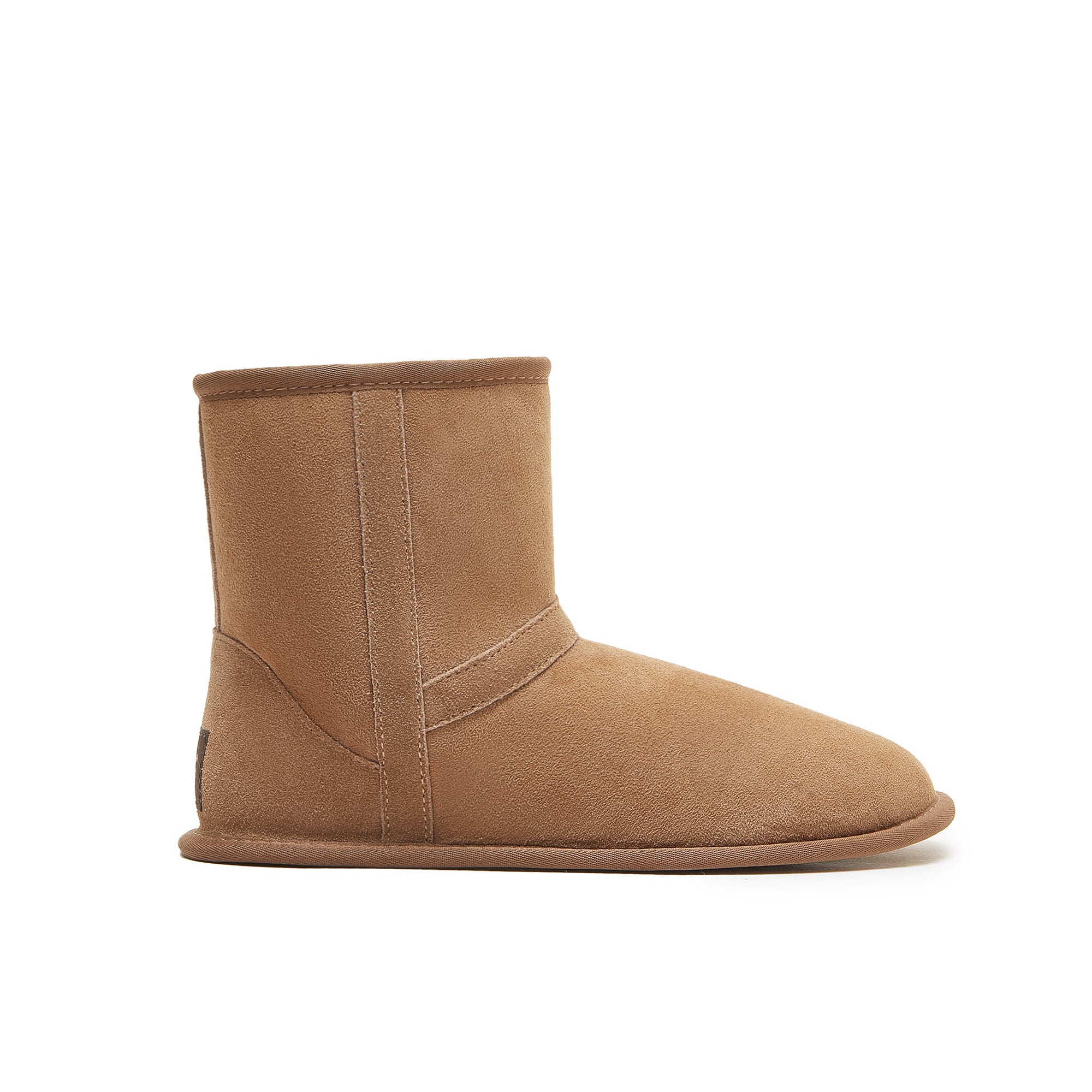 Tan sheepskin short boot in suede with wool lining, side profile view. - Yellow Earth Australia