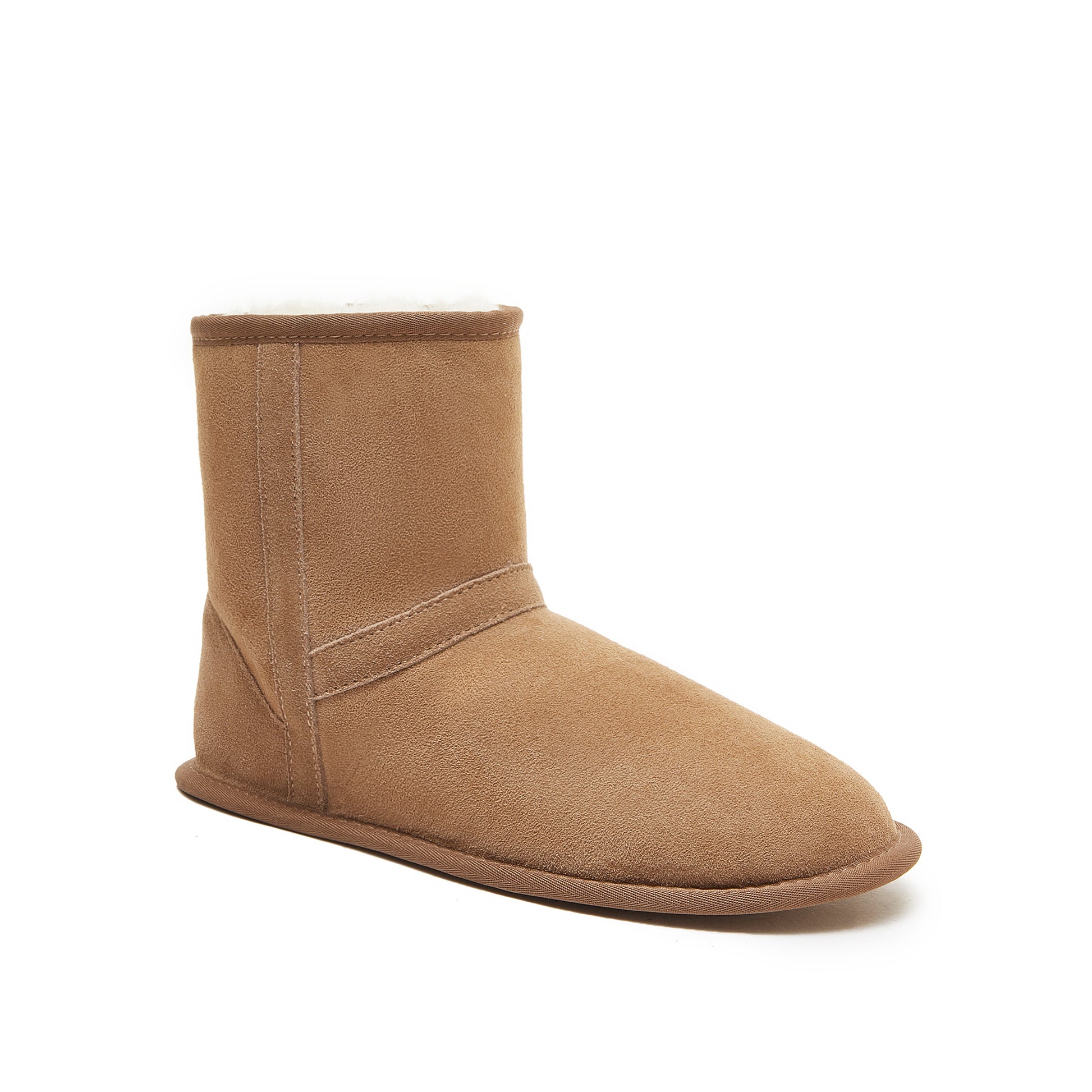 Tan suede sheepskin boot with wool lining, mid-calf height, side view. - Yellow Earth Australia