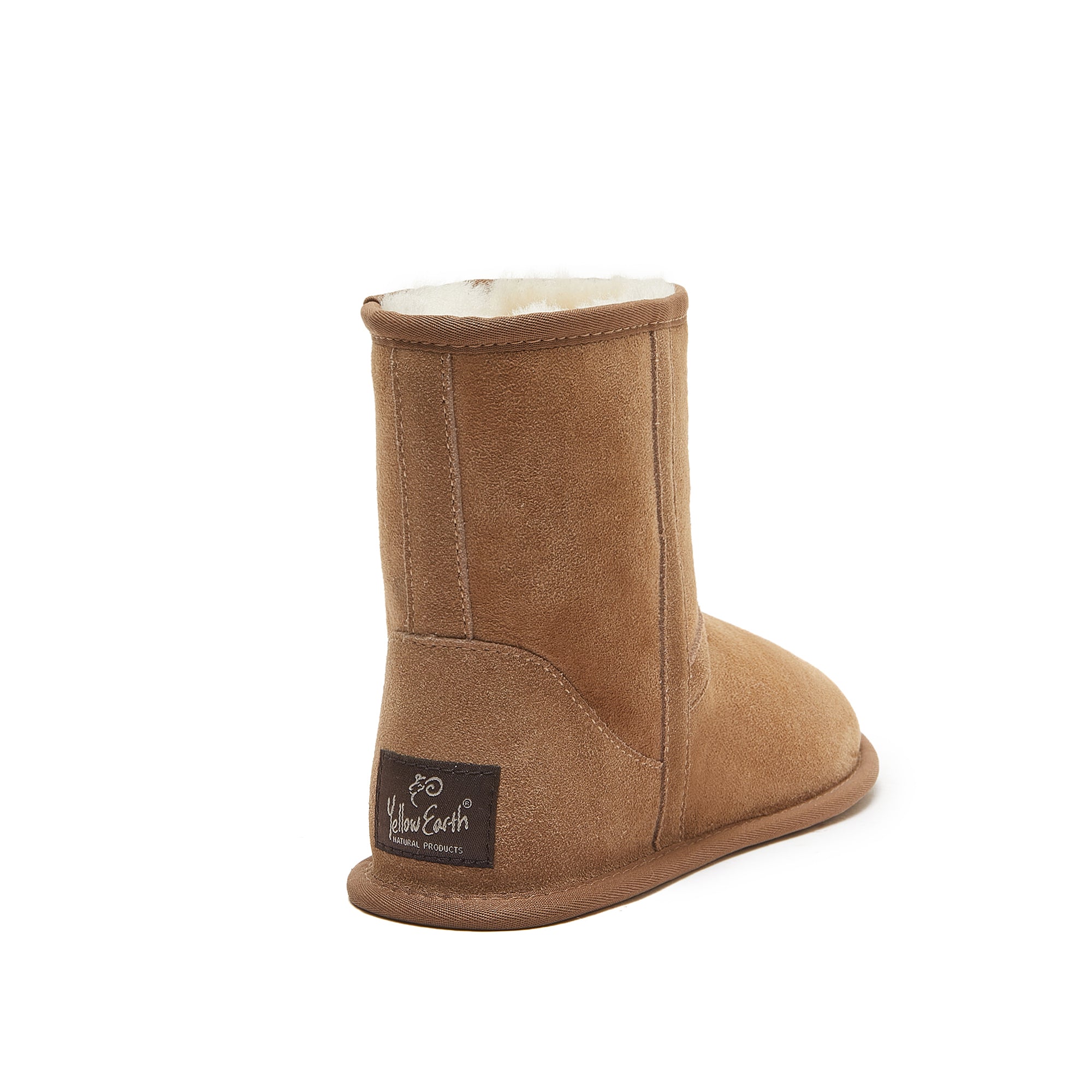 Tan suede sheepskin short boot shown from rear angle with cream wool lining visible. - Yellow Earth Australia