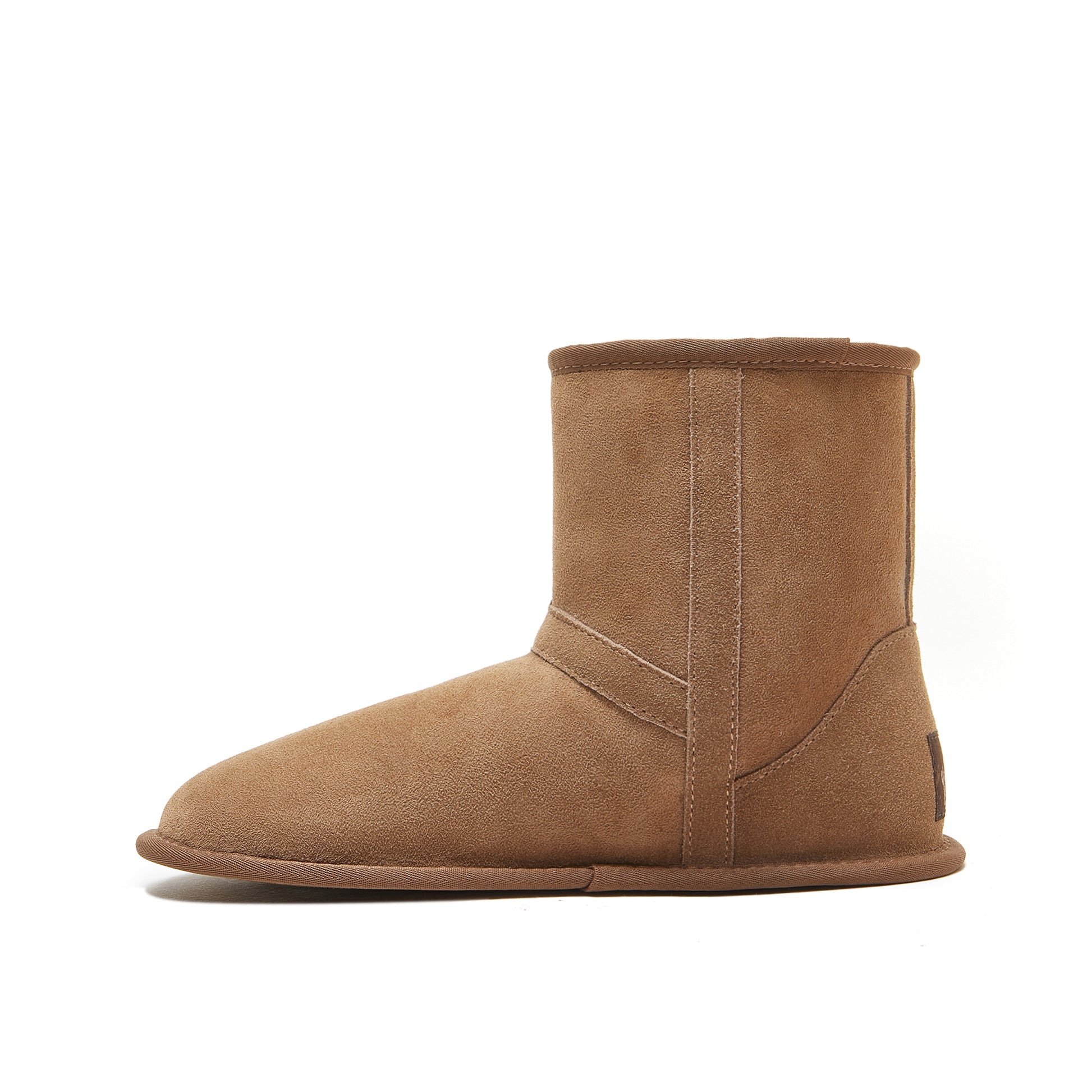 Chestnut suede sheepskin short boot shown from the side profile view. - Yellow Earth Australia
