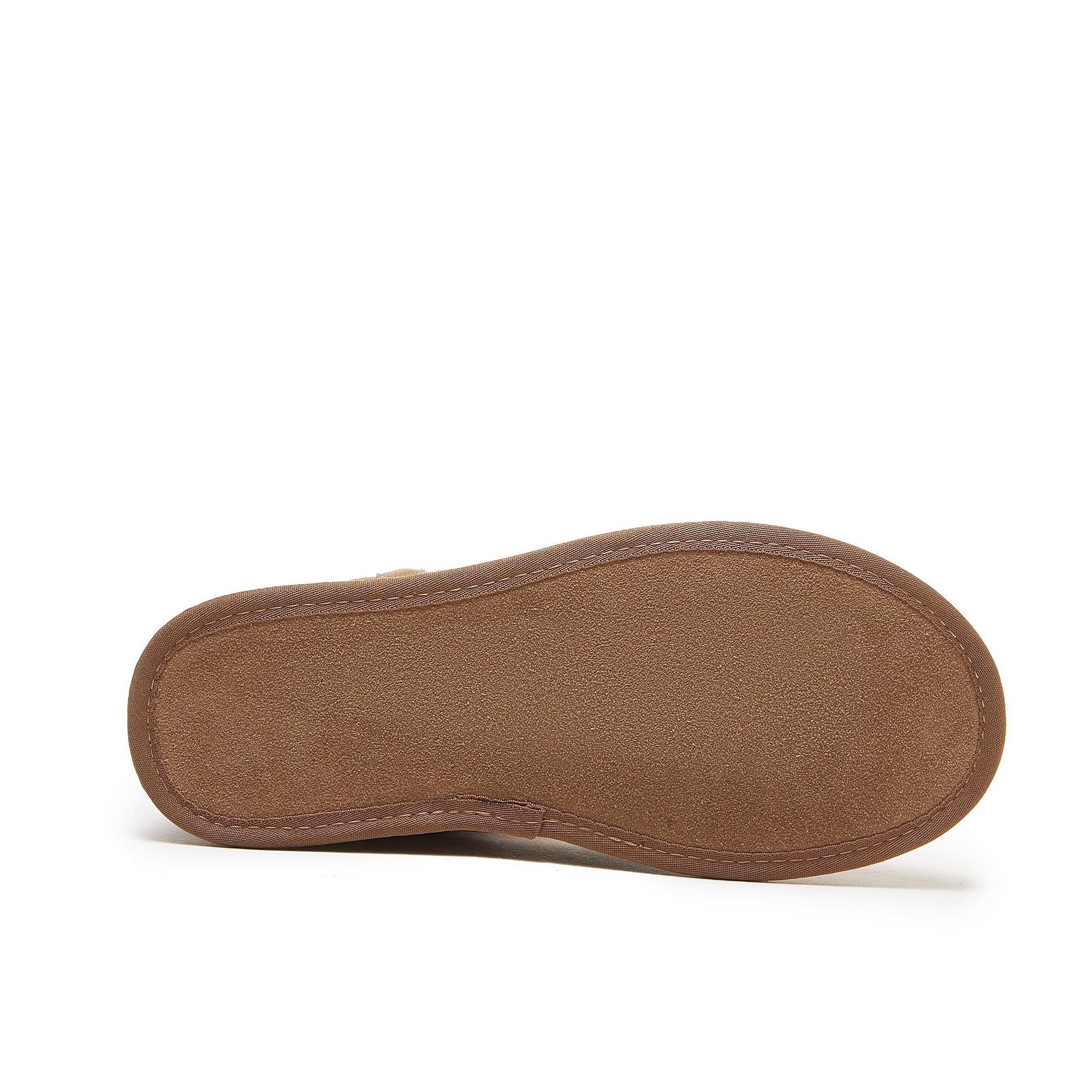 Tan suede sheepskin slipper sole viewed from above on white background. - Yellow Earth Australia