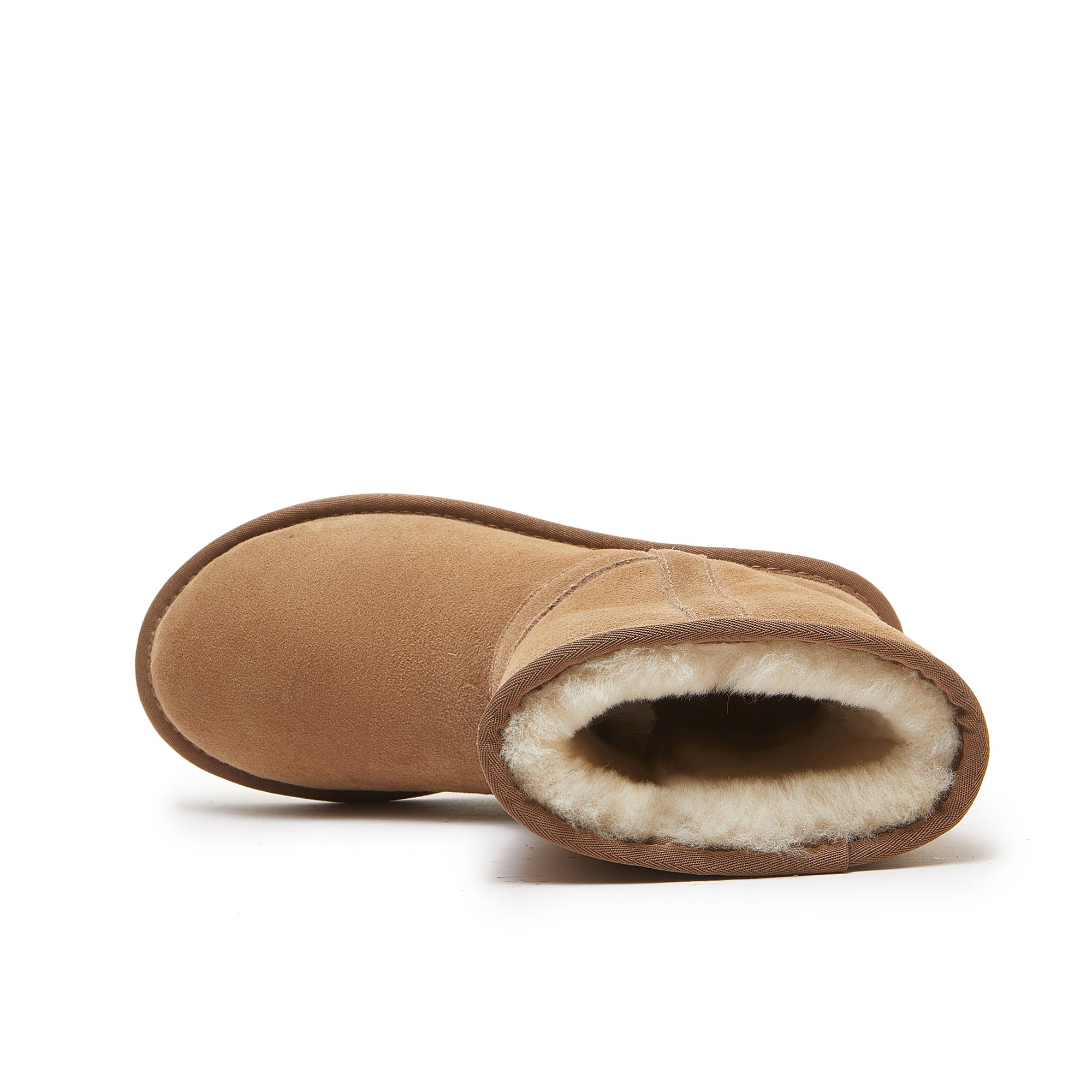 Tan sheepskin boot with cream wool lining, top view showing interior. - Yellow Earth Australia