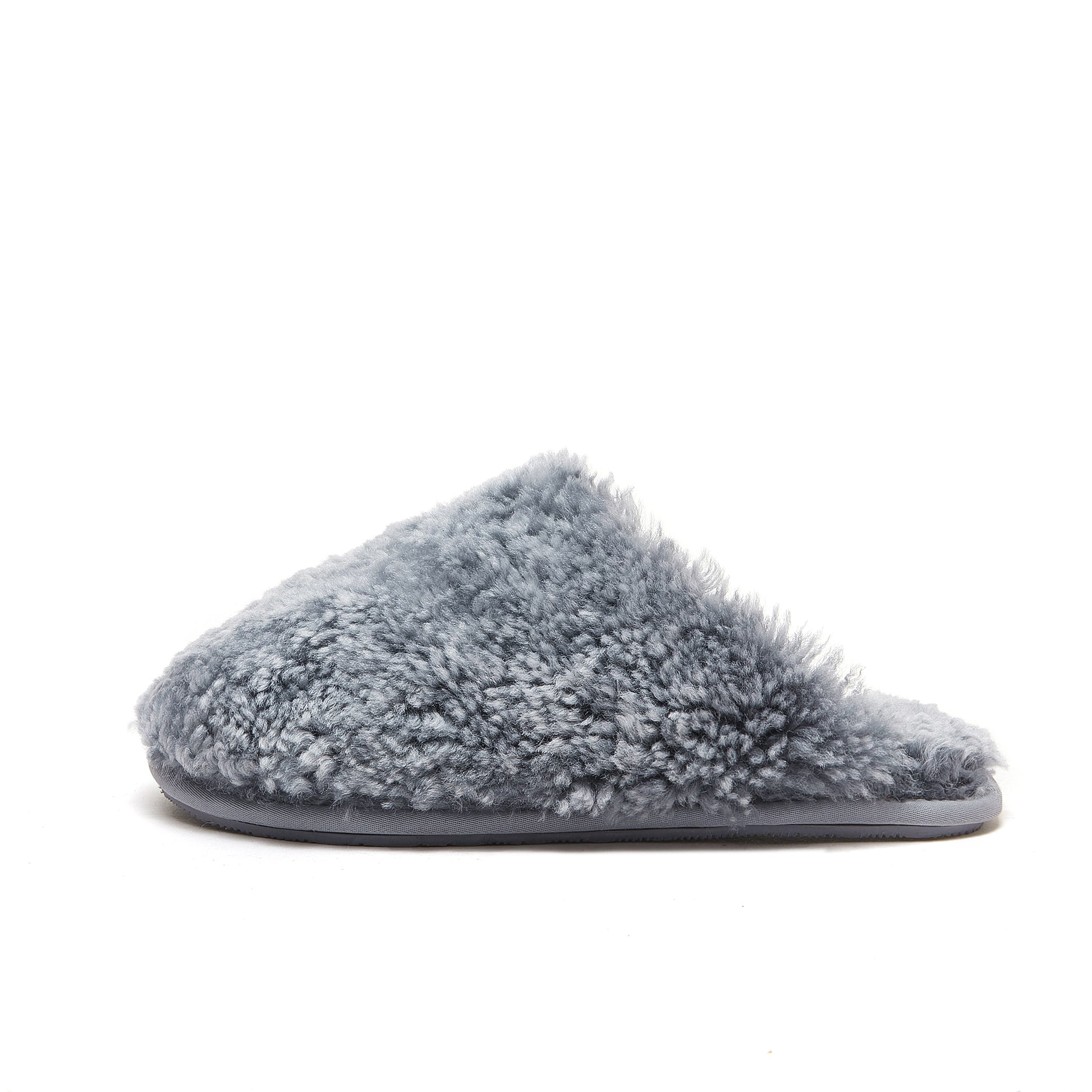 Grey fluffy sheepskin slipper shown from the side angle on white background. - Yellow Earth Australia