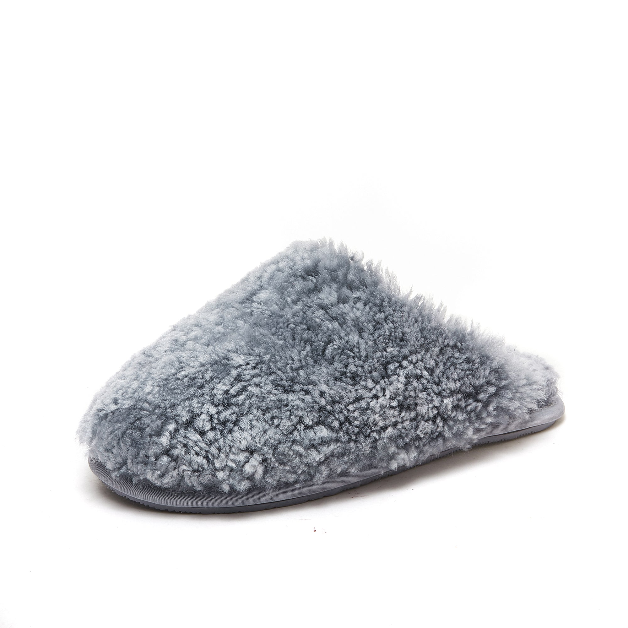 Grey fluffy sheepskin slipper mule viewed from the side angle. - Yellow Earth Australia