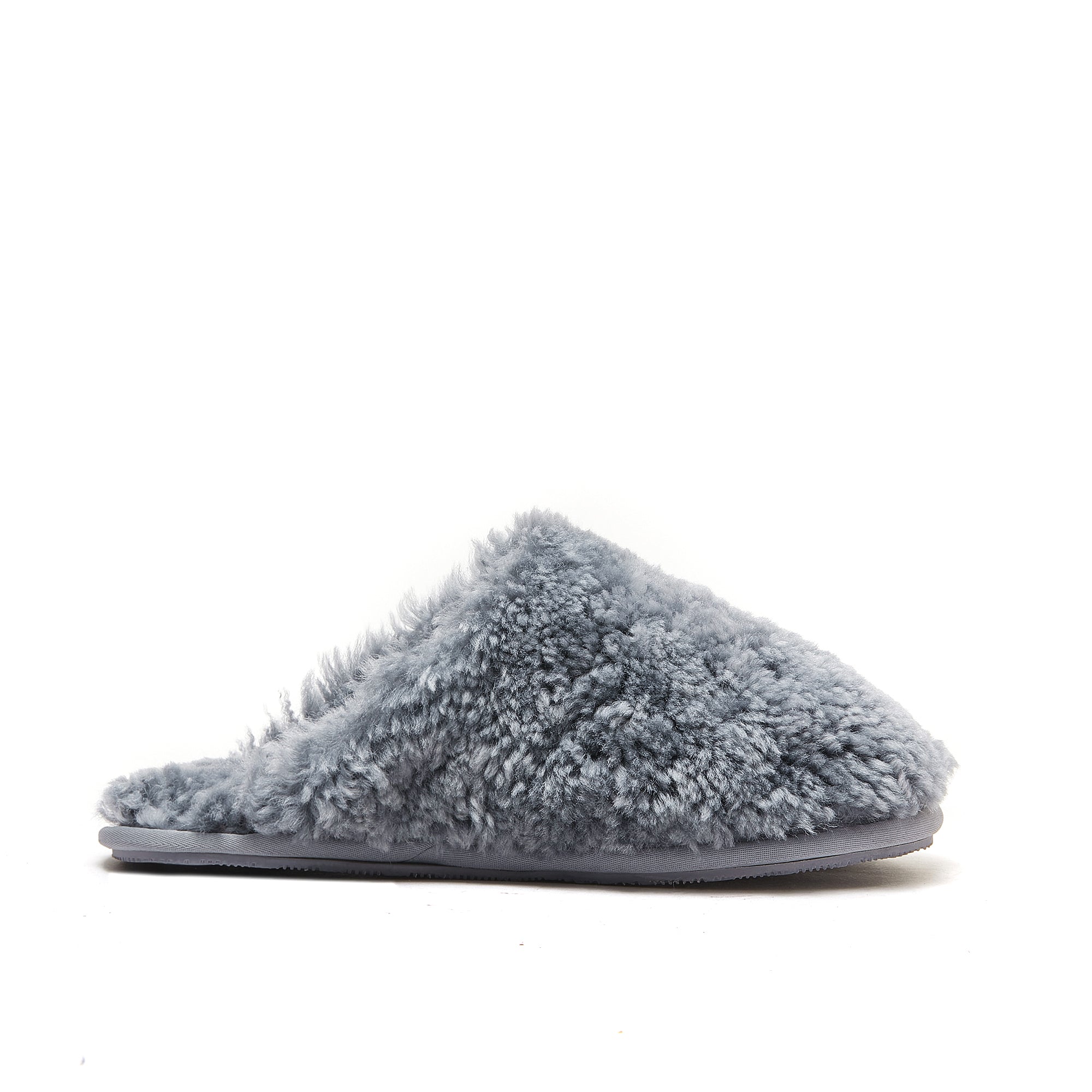 Grey fluffy sheepskin slipper mule with soft wool lining, side view. - Yellow Earth Australia