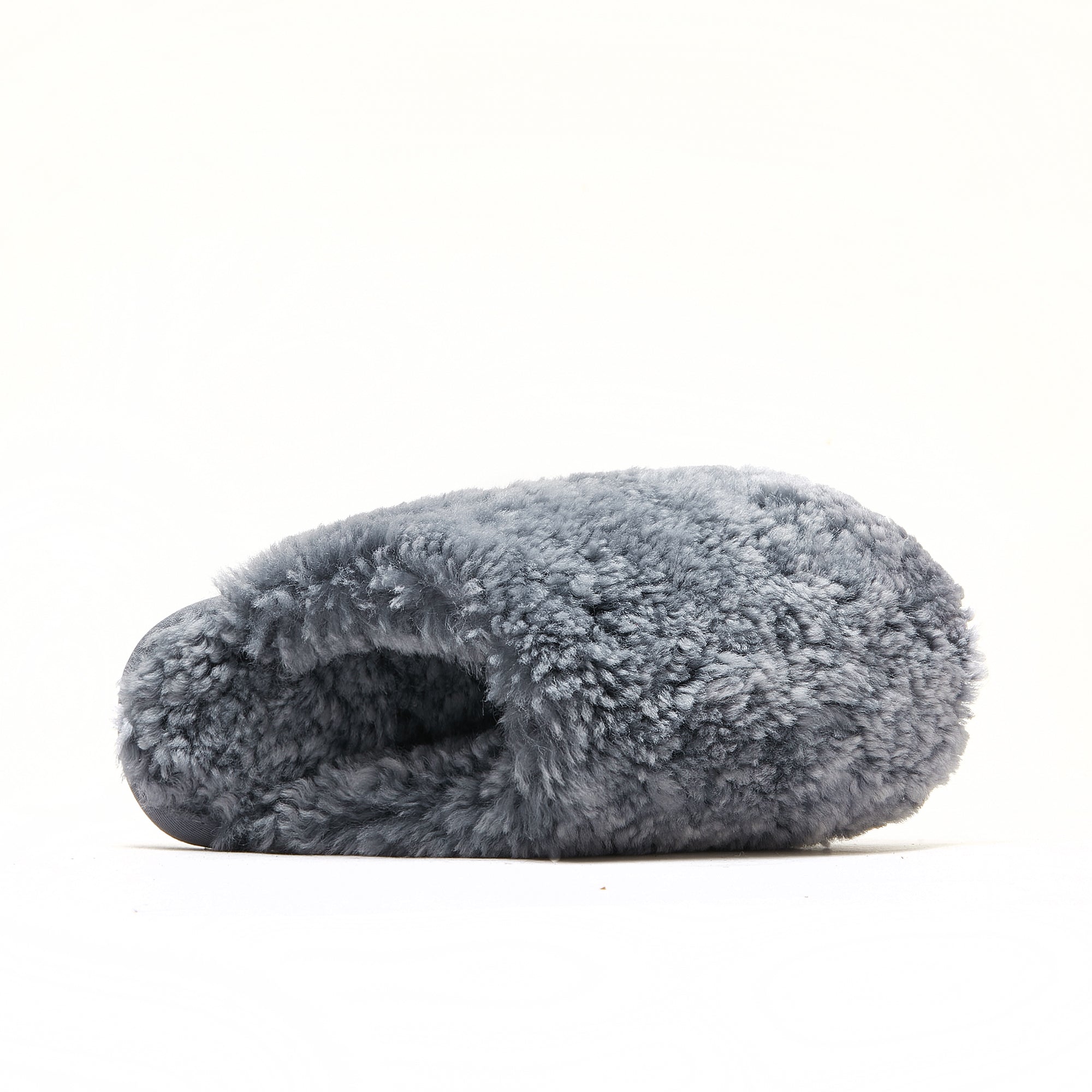 Soft grey sheepskin slipper with plush wool lining, side view on white background. - Yellow Earth Australia