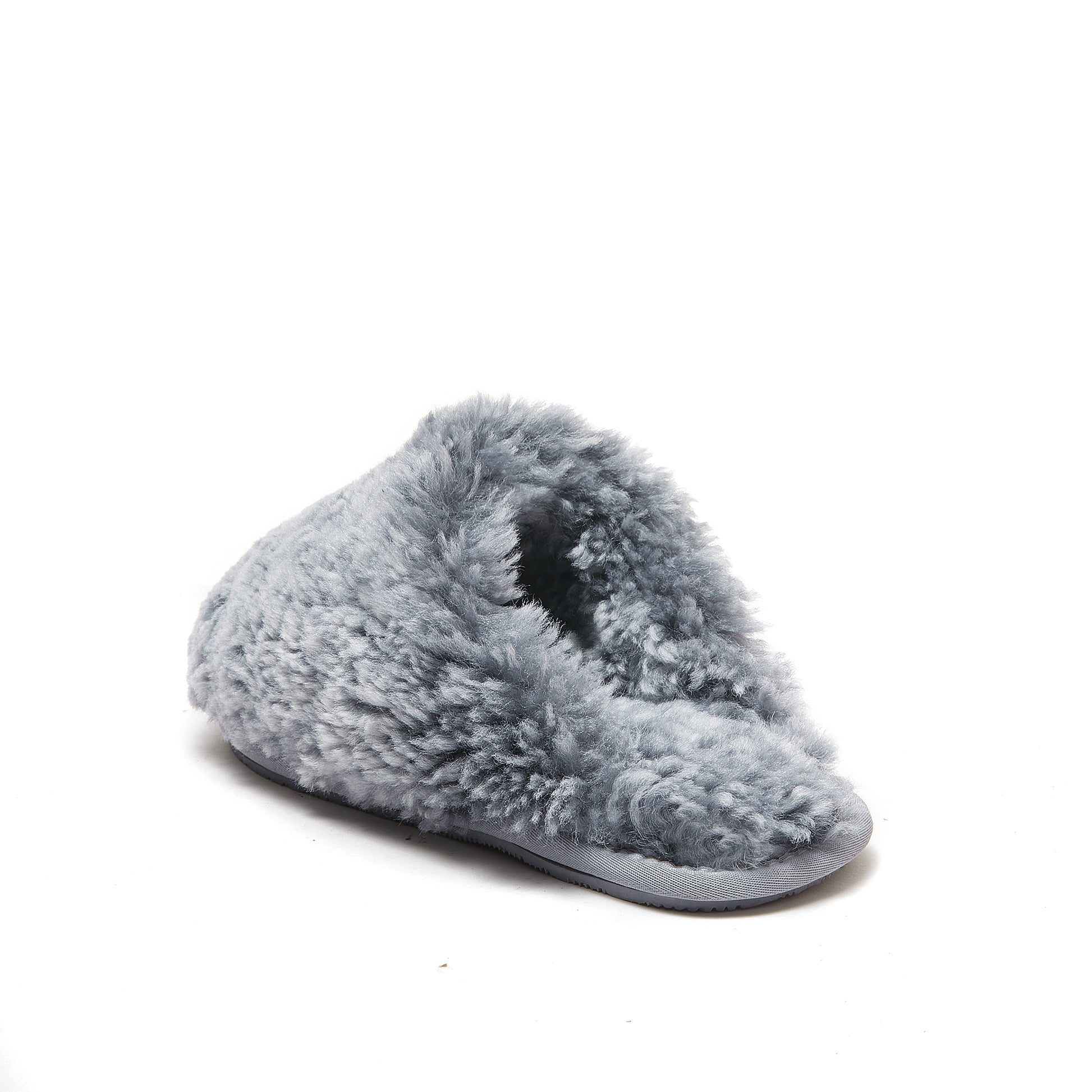 Grey sheepskin wool slipper with fluffy texture, side view on white background. - Yellow Earth Australia
