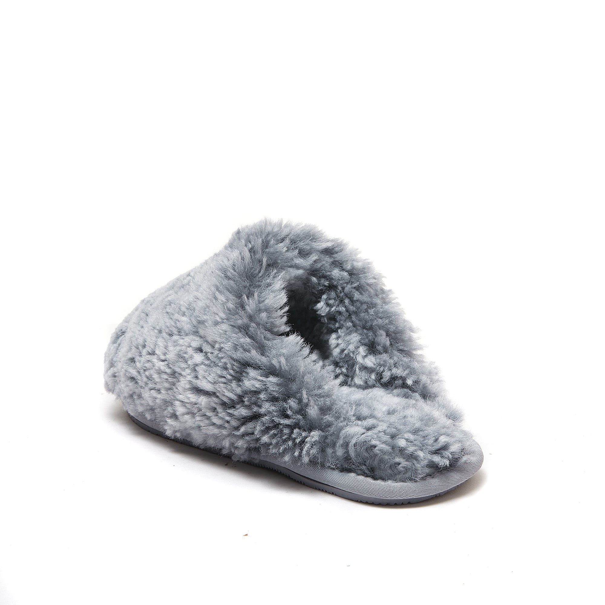 Grey sheepskin wool slipper with fluffy texture, side view on white background. - Yellow Earth Australia