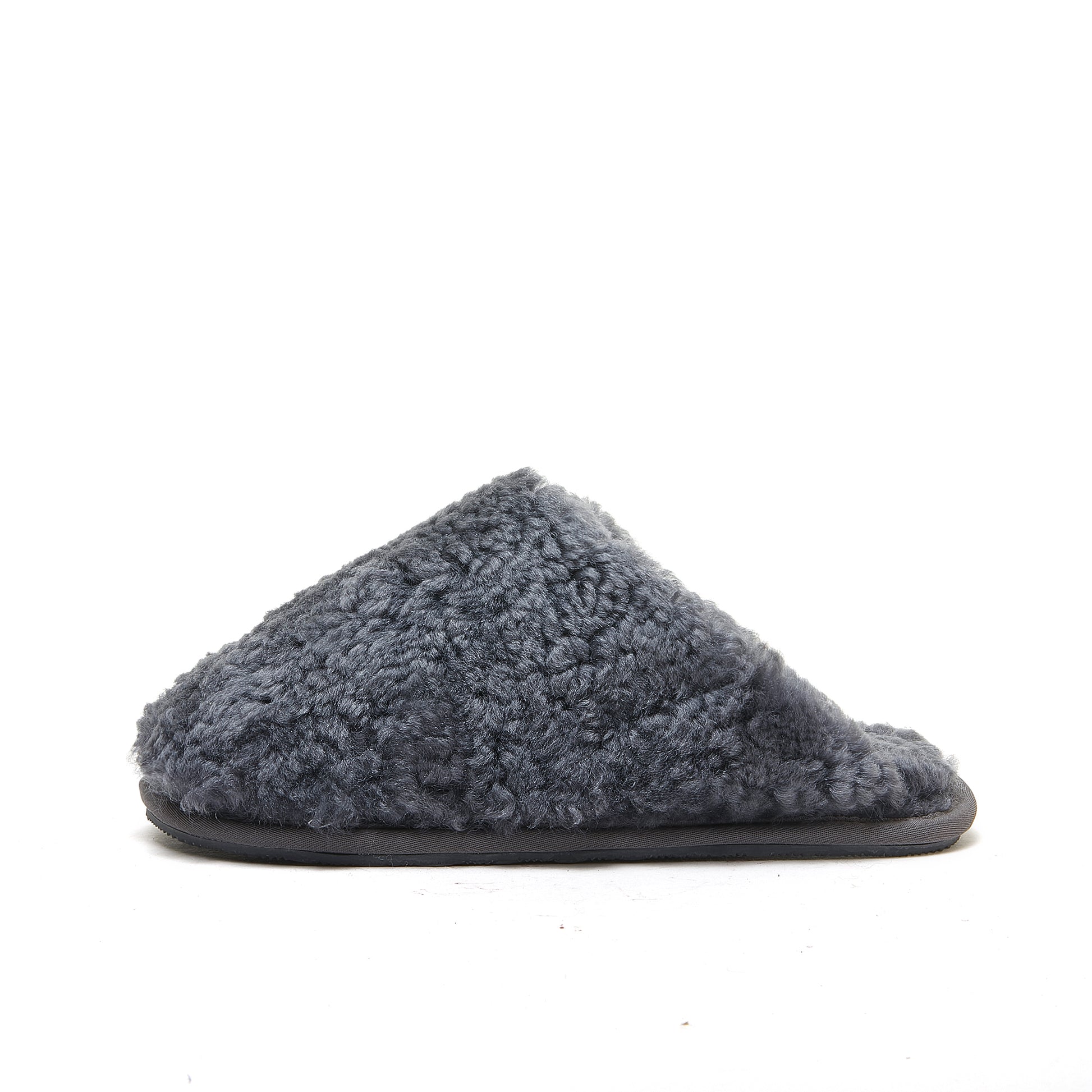 Grey sheepskin slipper with fluffy wool upper, side view. - Yellow Earth Australia