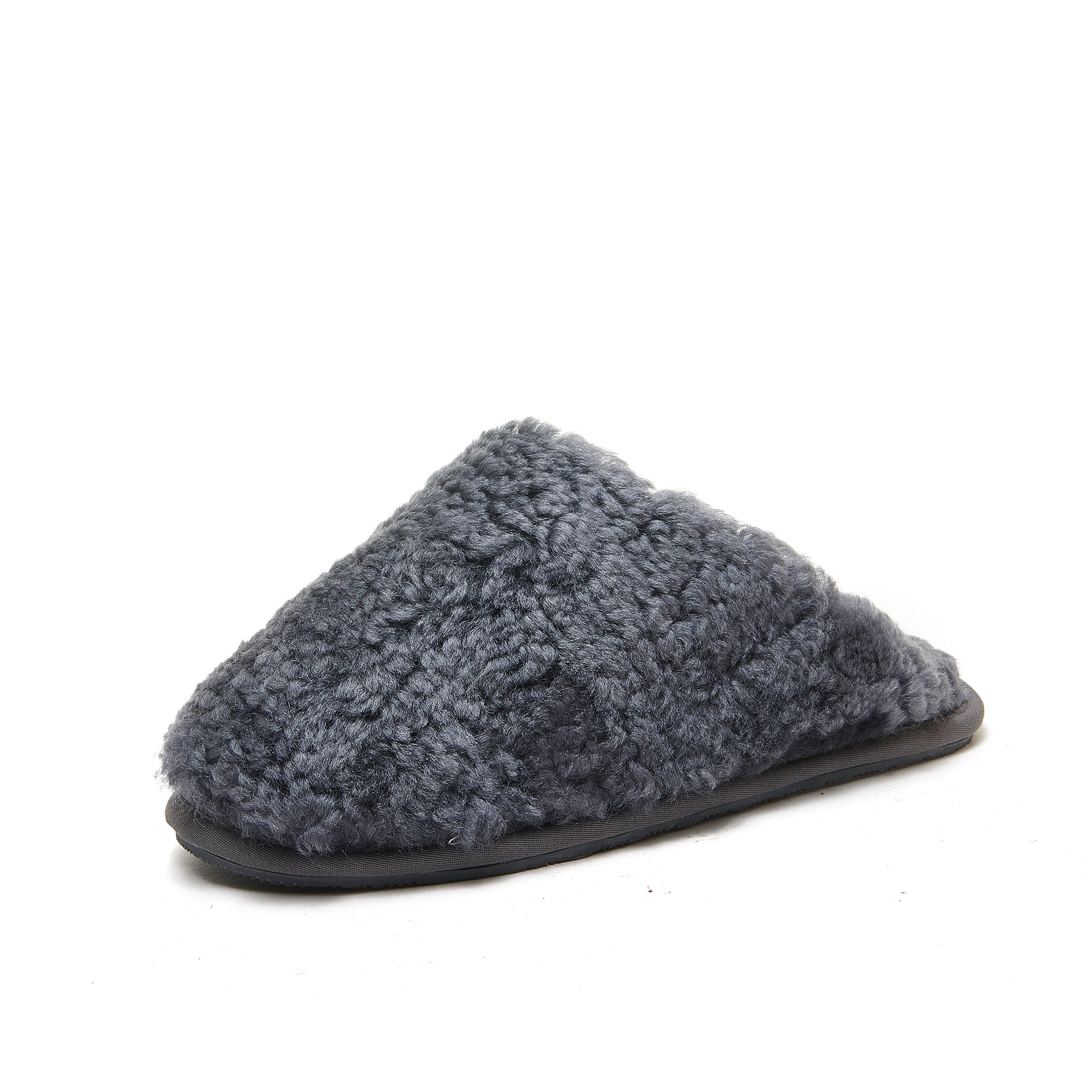 Grey sheepskin slipper with textured wool upper and dark sole, side view. - Yellow Earth Australia