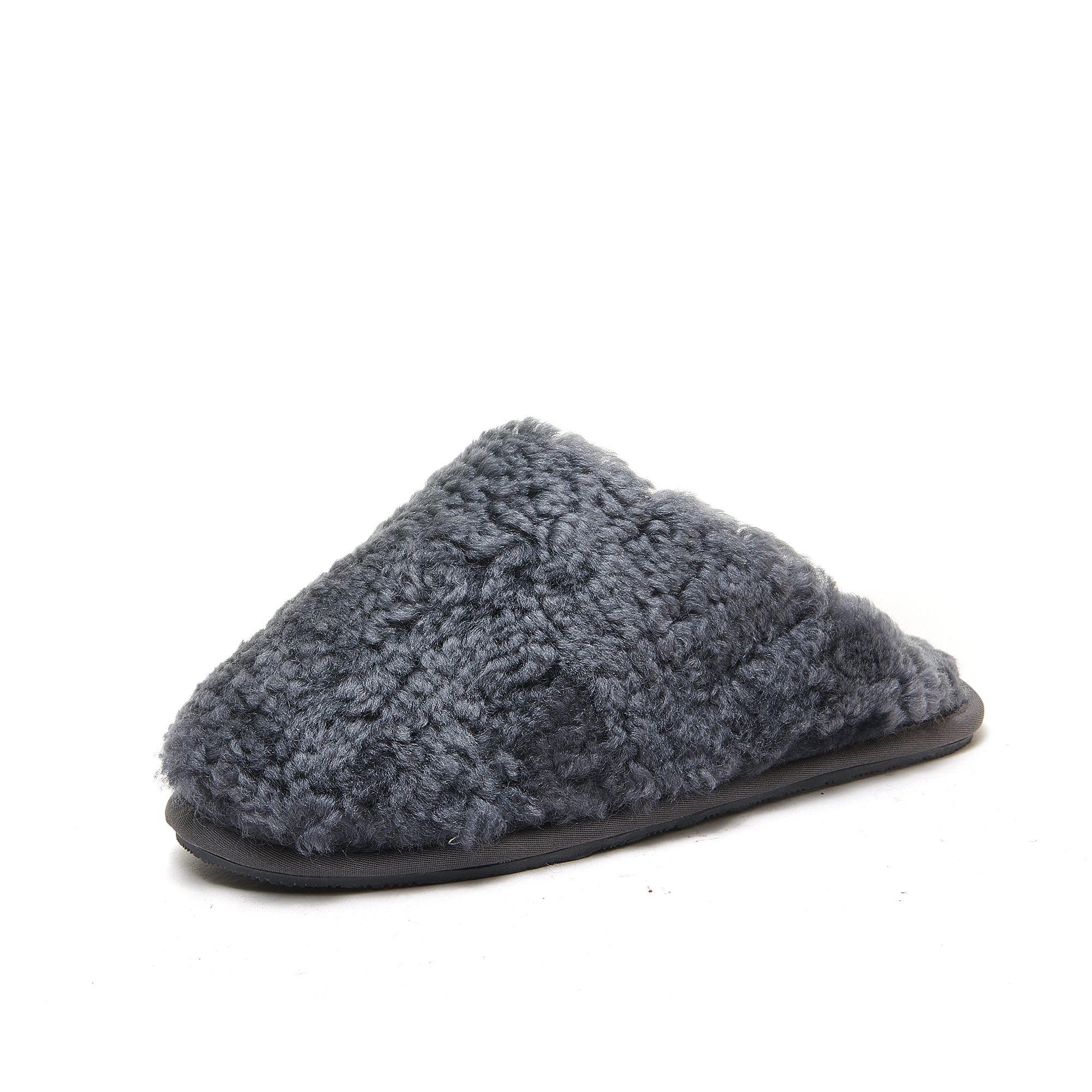 Grey sheepskin slipper with textured wool upper and dark sole, side view. - Yellow Earth Australia
