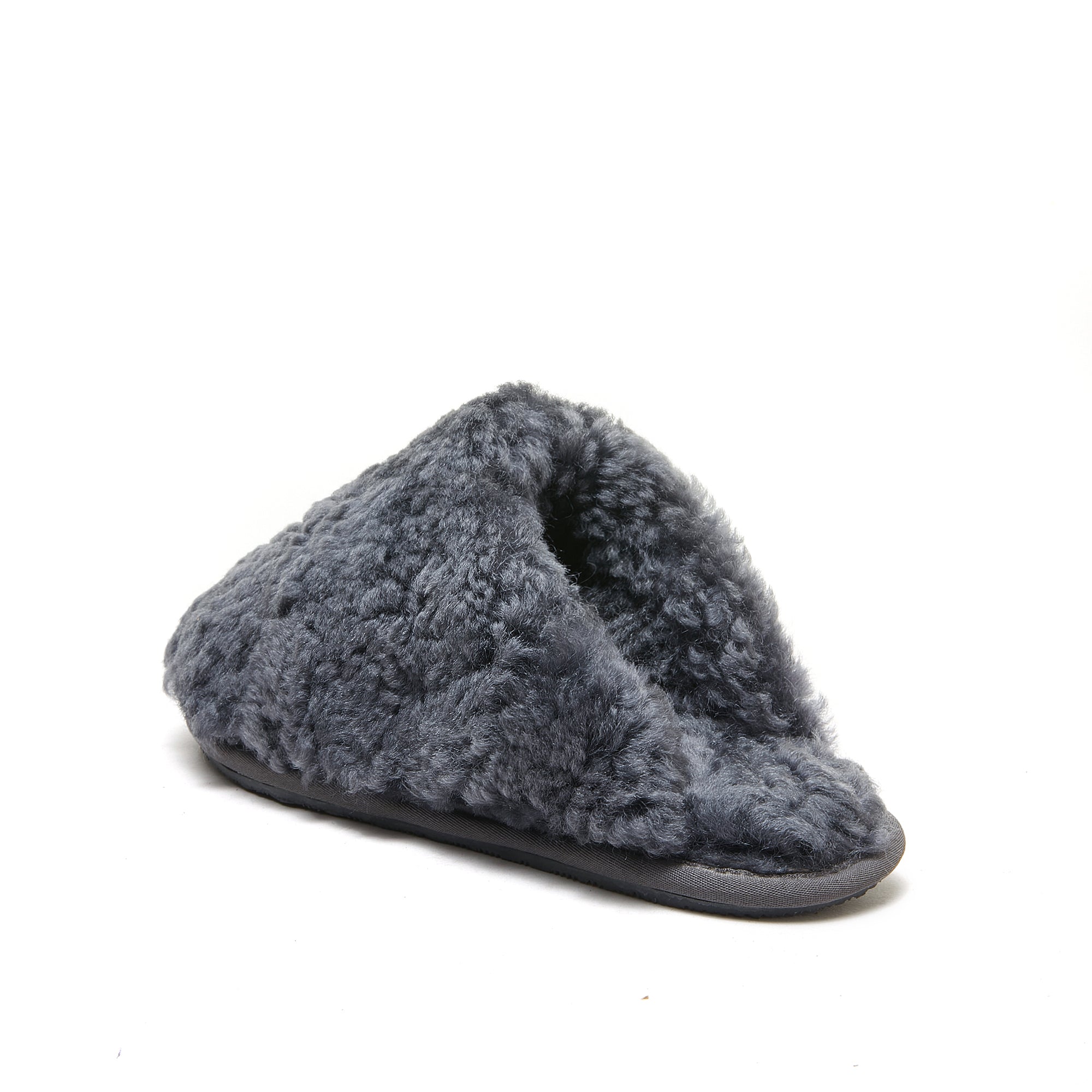 Grey sheepskin slipper with fluffy wool upper, side view. - Yellow Earth Australia