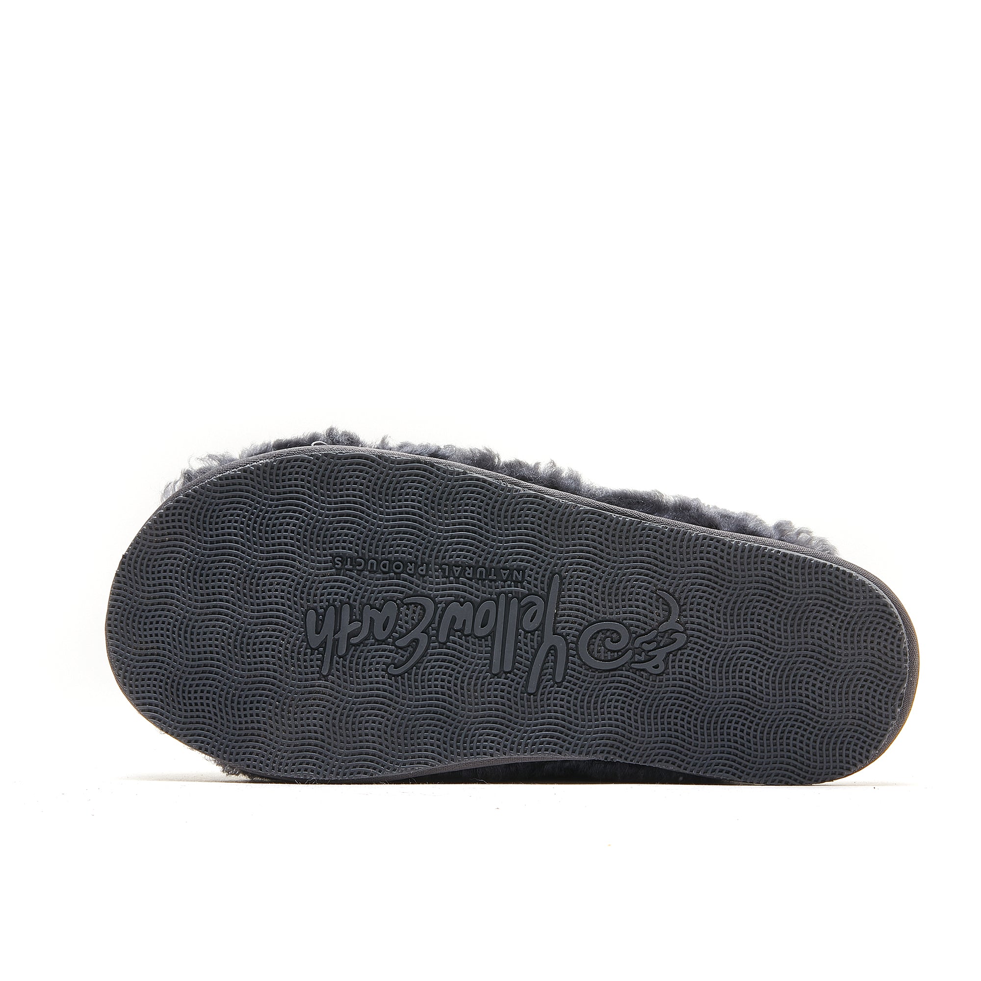 Grey sheepskin slipper sole view showing textured grip pattern and wool lining. - Yellow Earth Australia