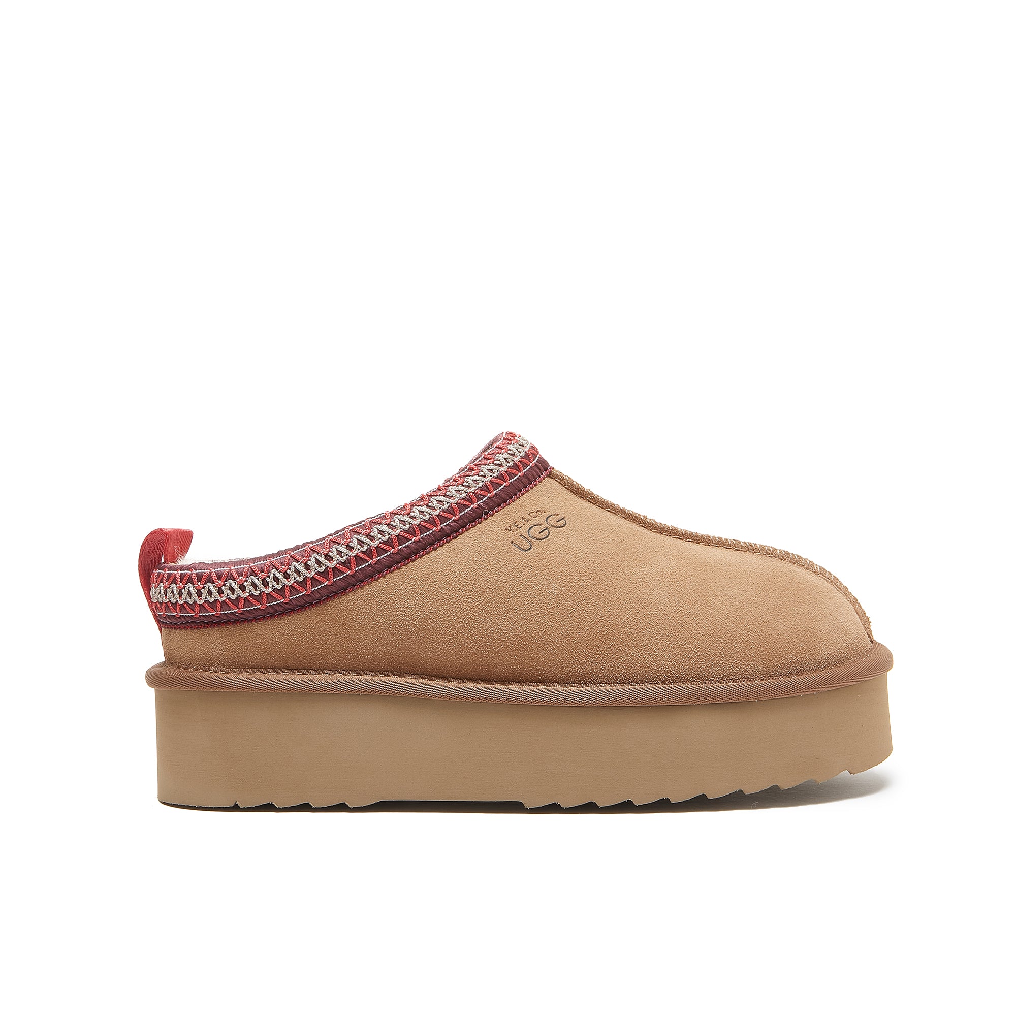 Beige sheepskin platform slipper with red knit collar detail, side view. - Yellow Earth Australia