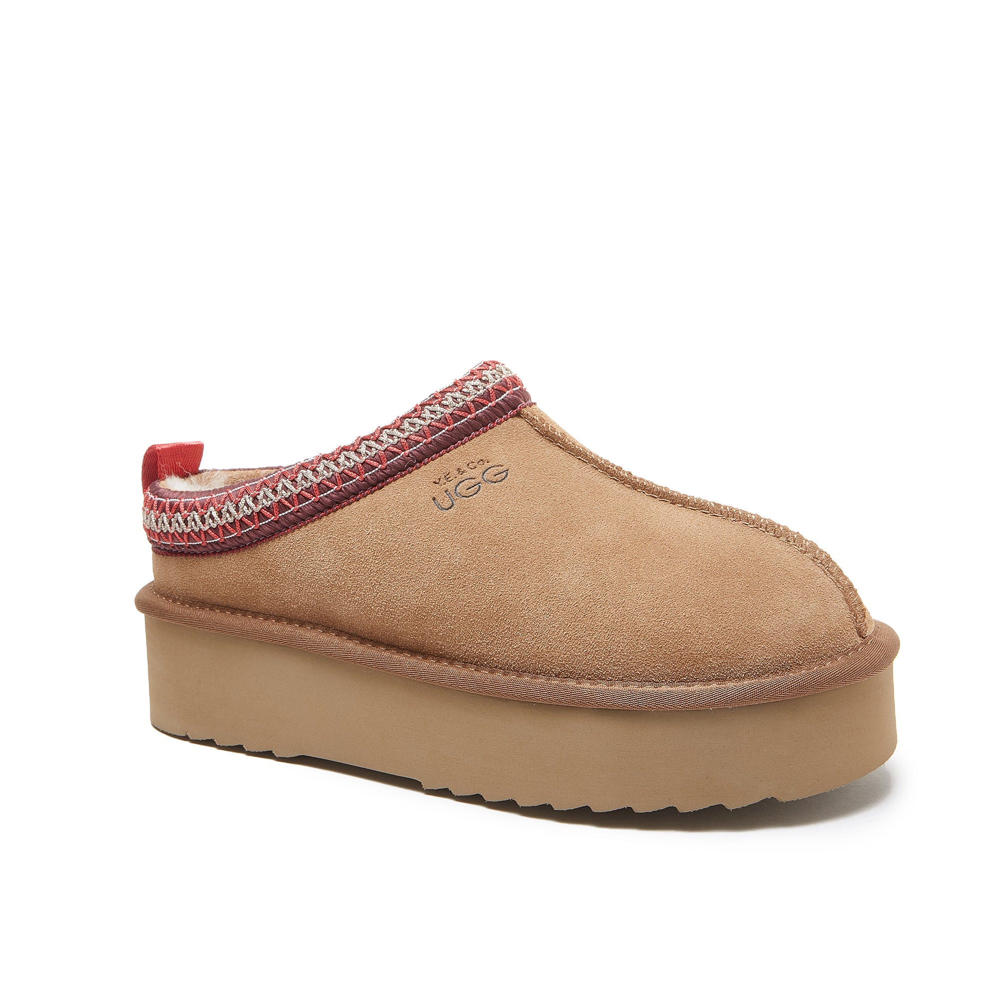Beige suede platform slipper with red knit trim, side view. - Yellow Earth Australia