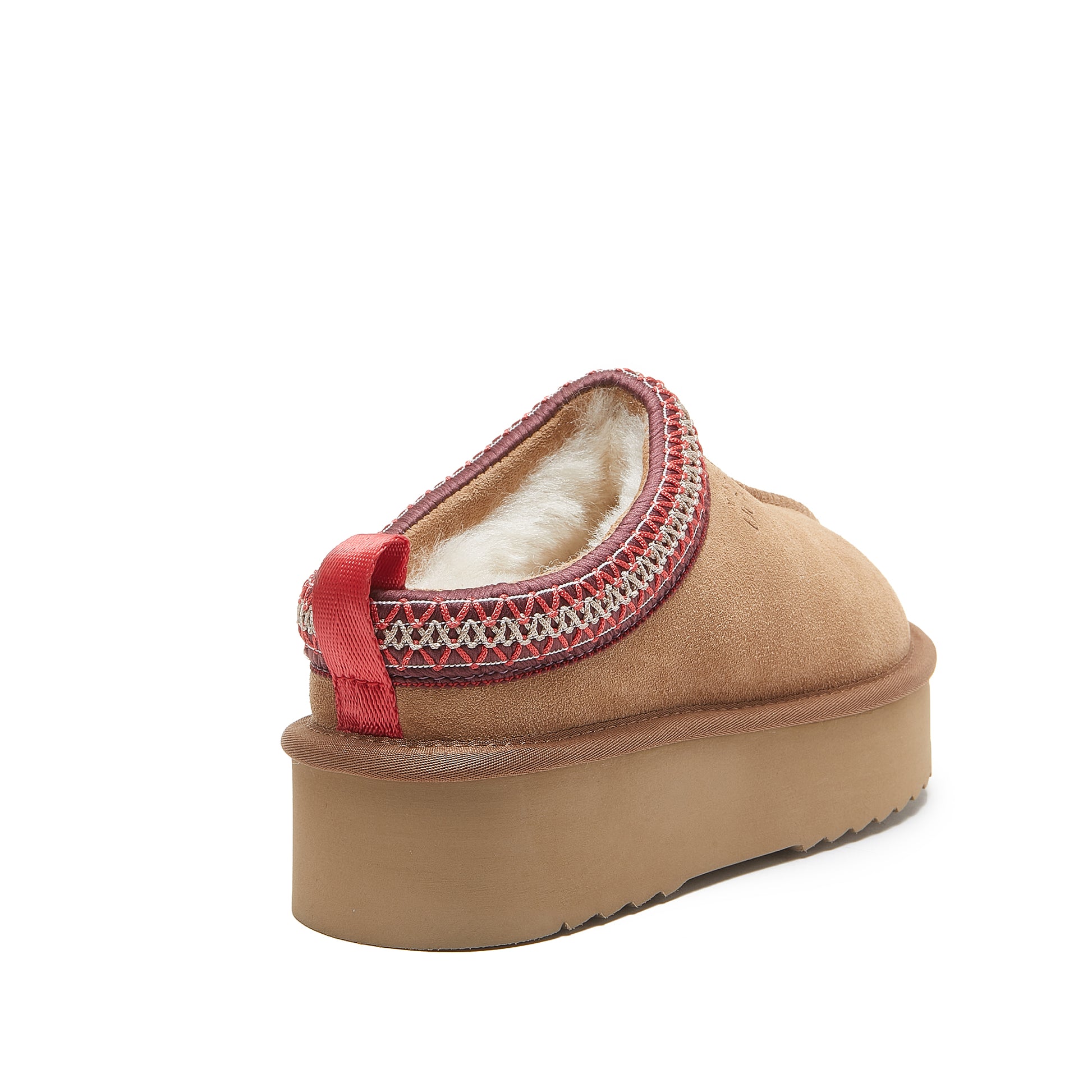 Beige sheepskin slipper with red knit trim and platform sole, rear view. - Yellow Earth Australia