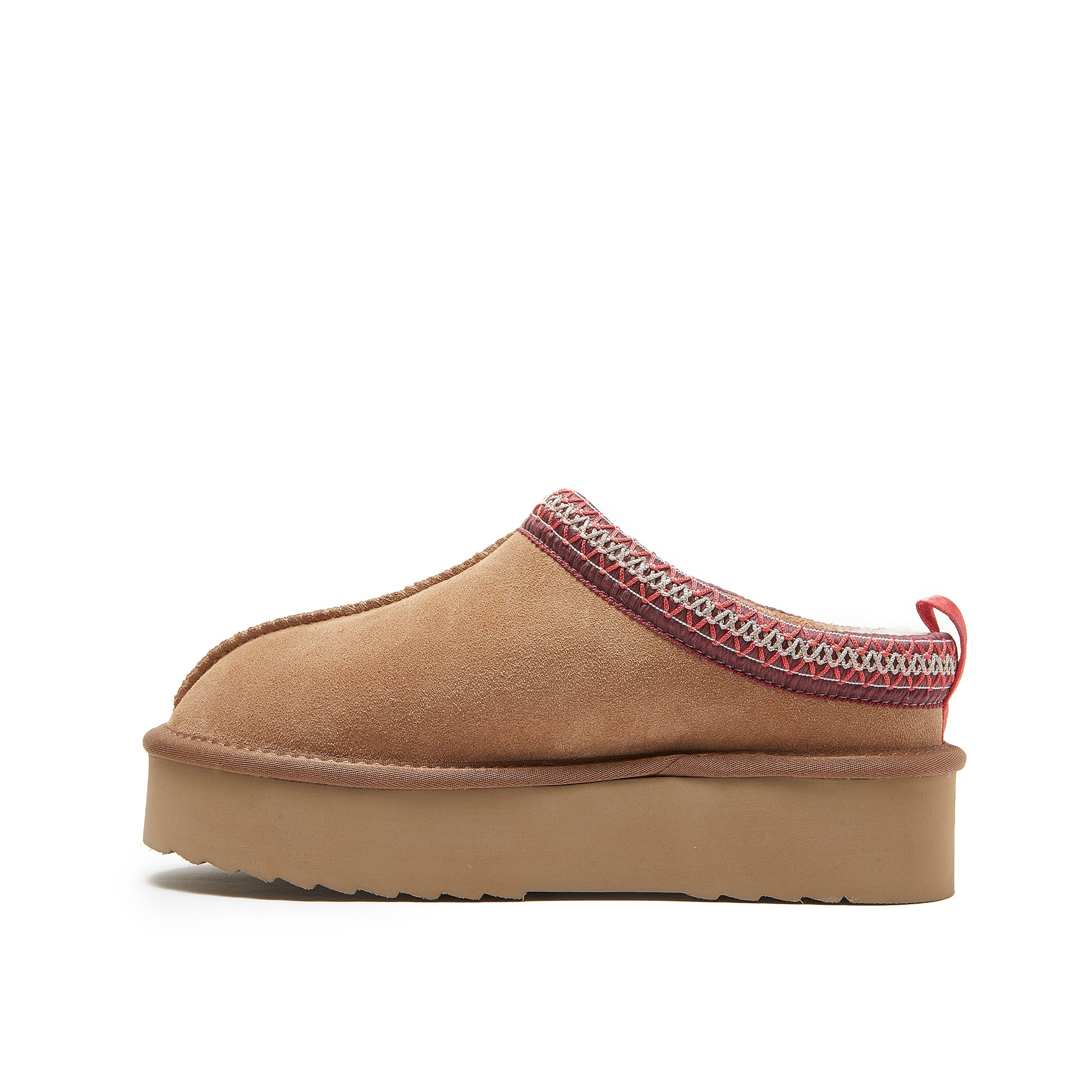 Tan suede platform mule slipper with burgundy knit trim, side view. - Yellow Earth Australia