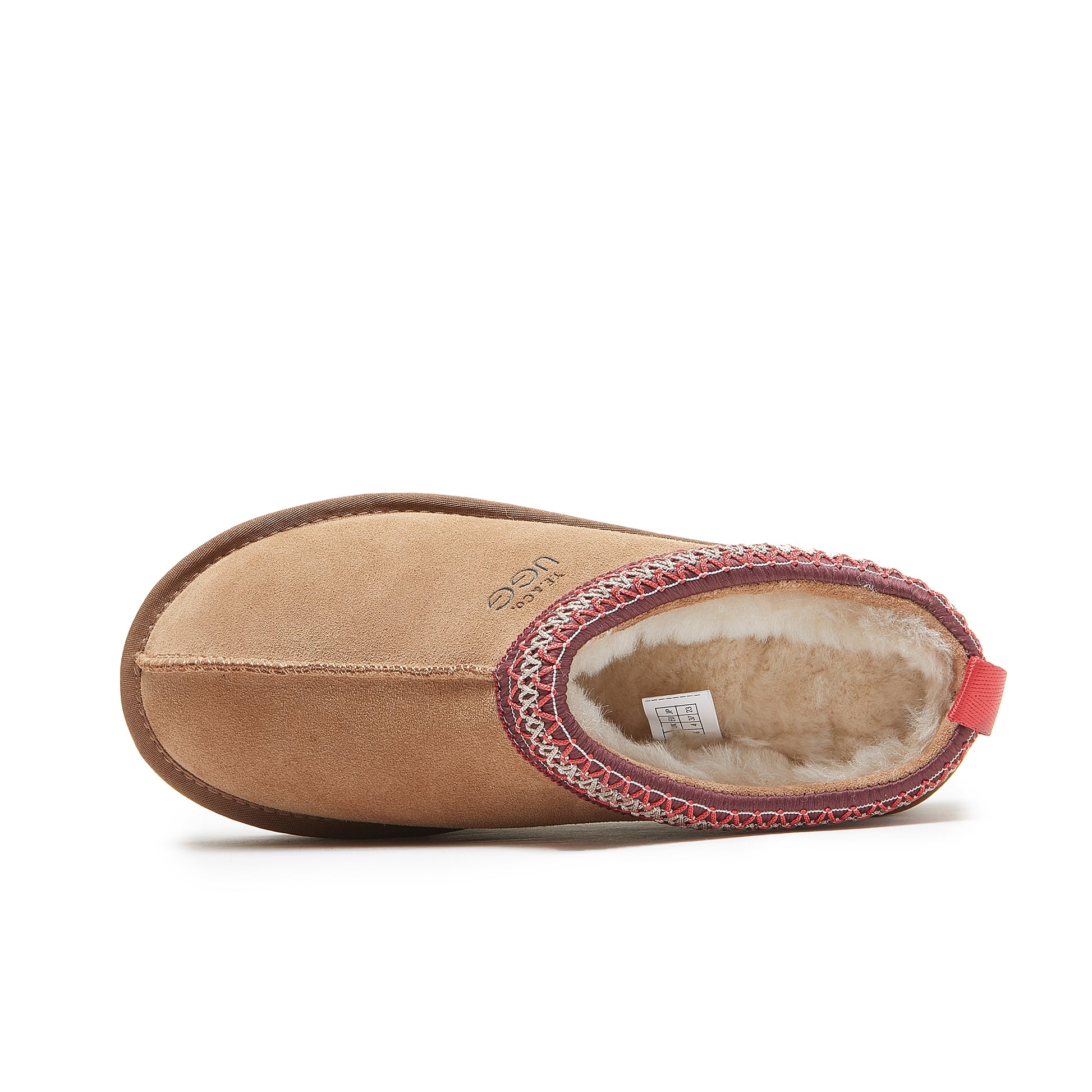 Sheepskin bootie slipper in tan with burgundy trim, top-down view showing woolly interior. - Yellow Earth Australia