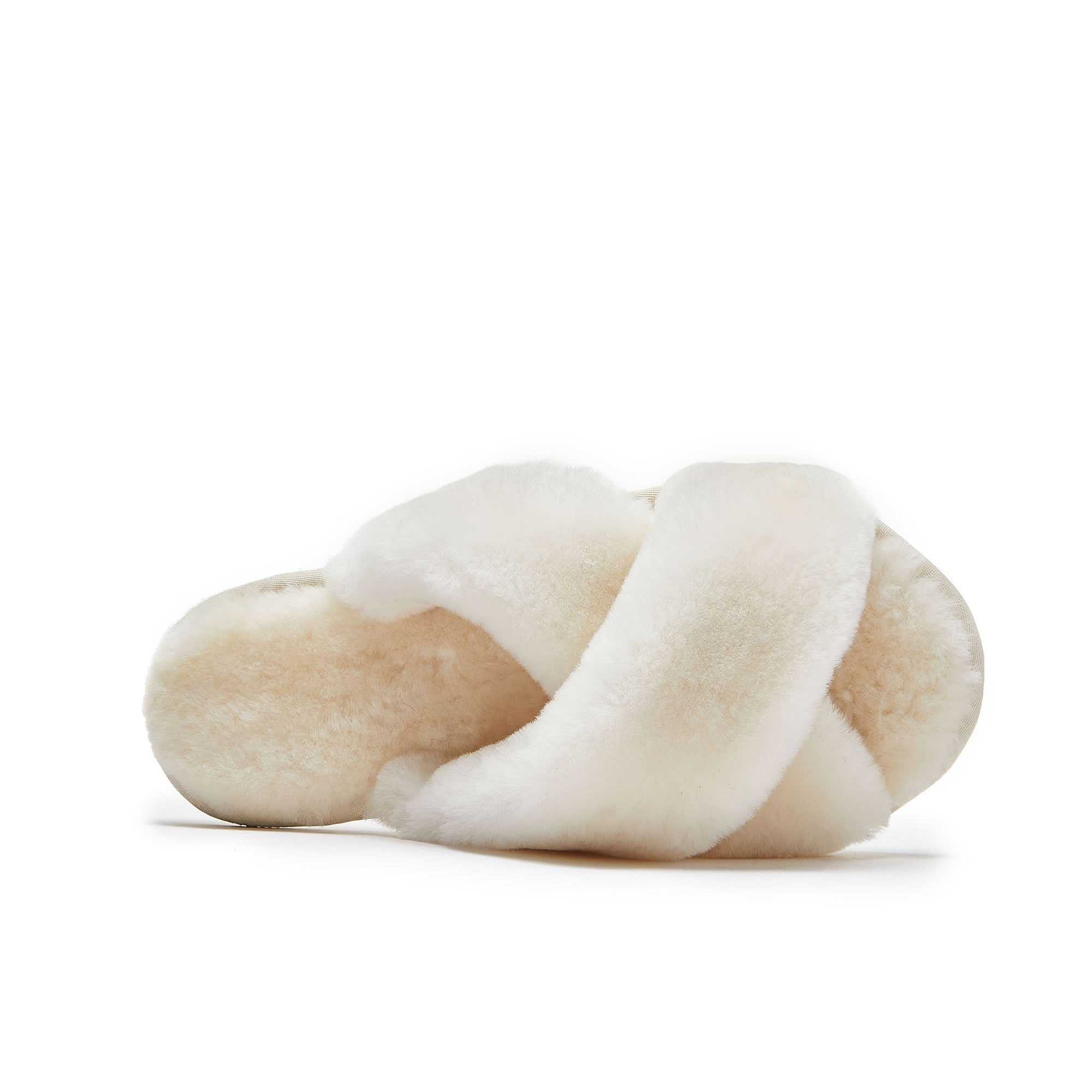 Cream sheepskin slippers with soft wool lining, side view on white background. - Yellow Earth Australia