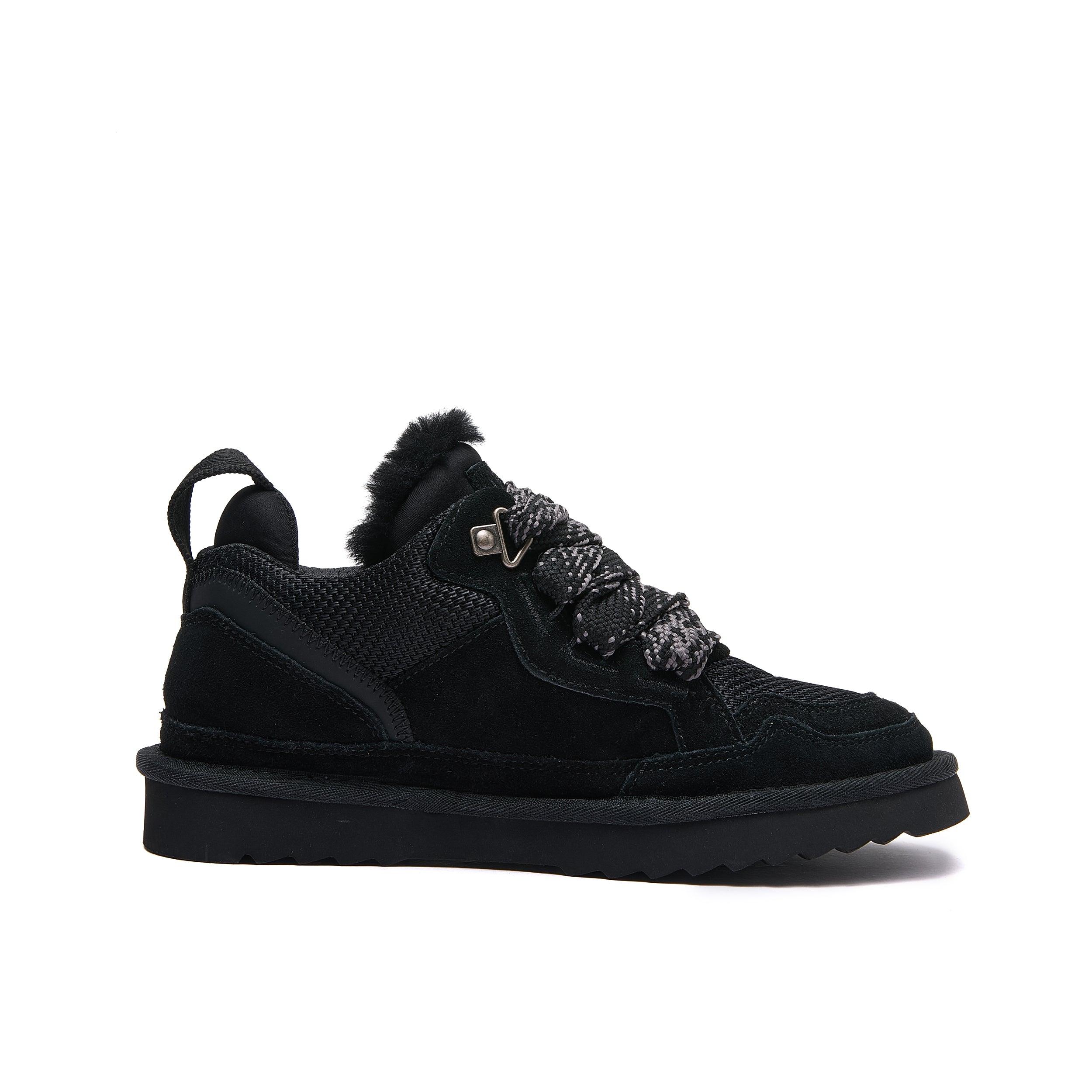 Leslie Chunky Sheepskin-Lined Sneaker in Black -  sneaker with black sole on a white background