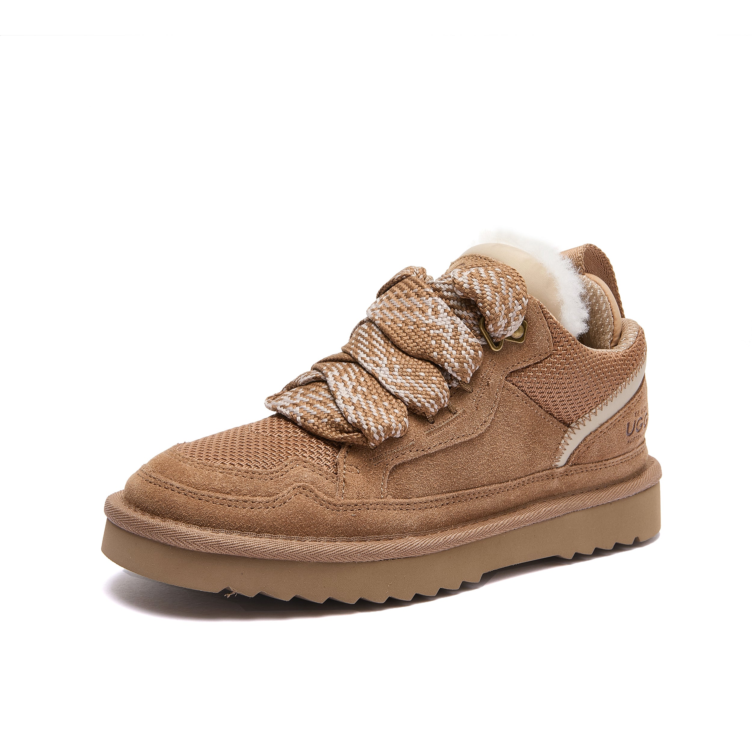 Leslie Chunky Sheepskin-Lined Sneaker in Chestnut - A single low-top sneaker in tan and brown suede-like material with chunky woven laces, a white wool collar, and a thick tan sole, shown on a plain white background.
