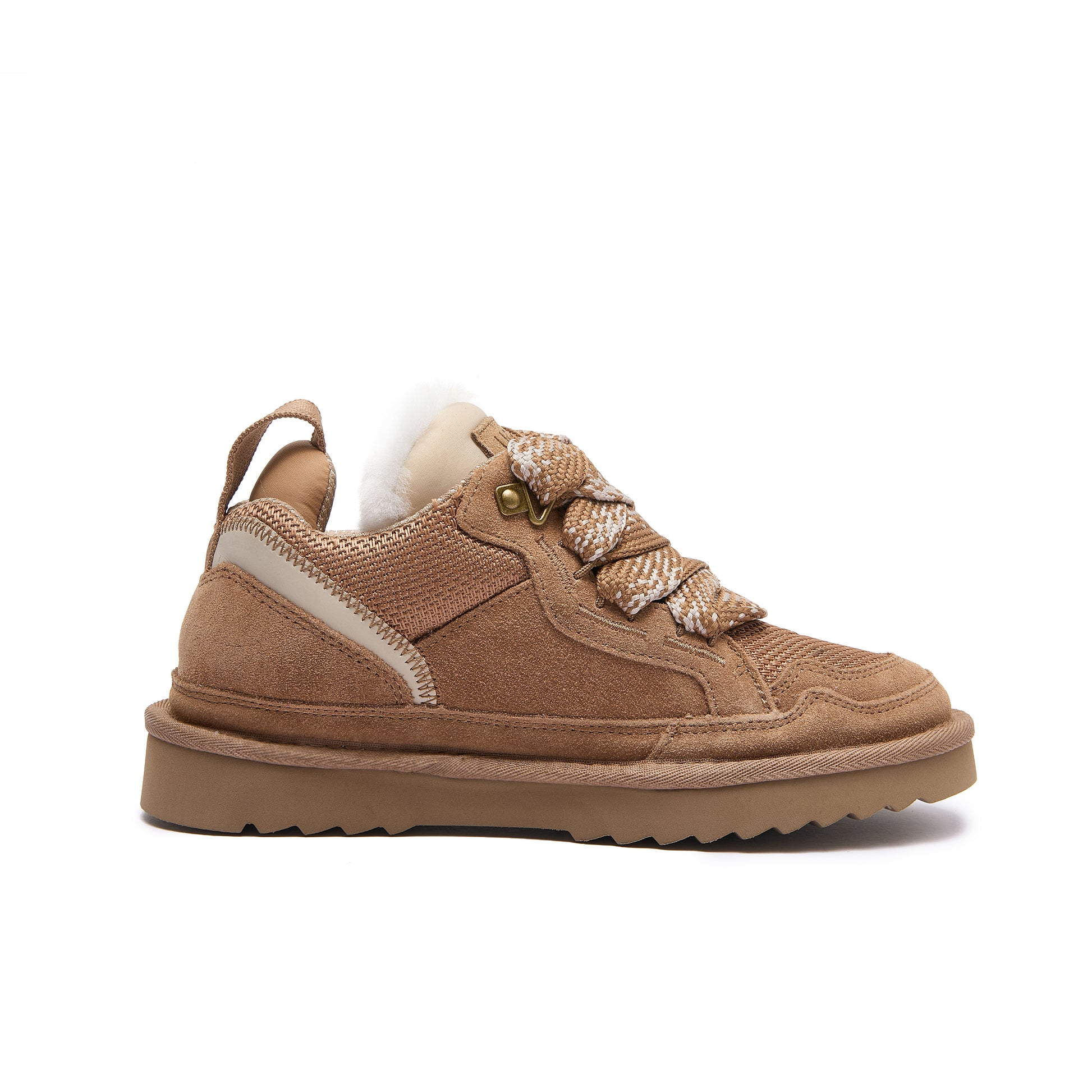 Leslie Chunky Sheepskin-Lined Sneaker in Chestnut - A low-top brown suede and mesh sneaker with a thick tan sole, beige side stripe, patterned laces, and a white wool lining, shown from the side on a white background.