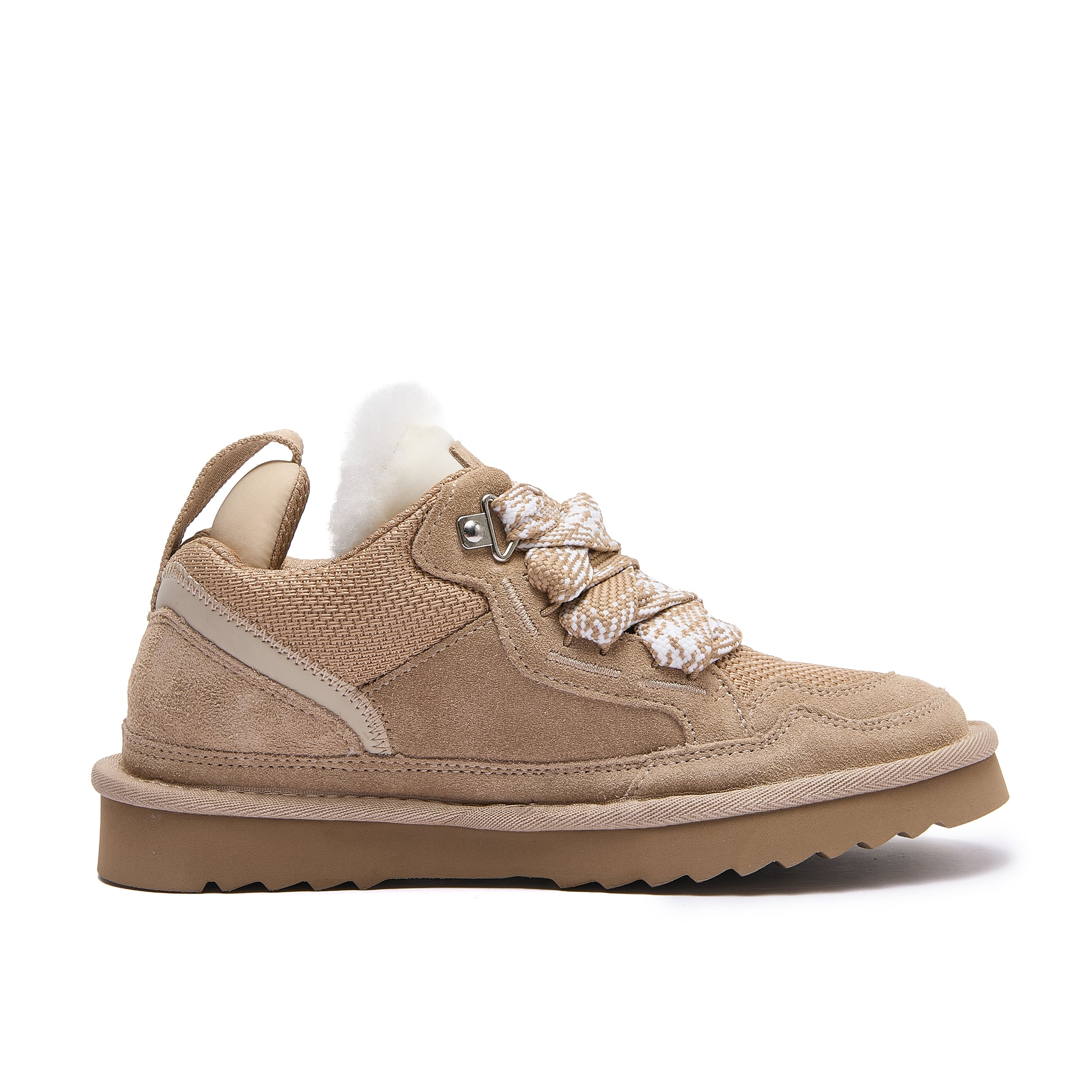 Leslie Chunky Sheepskin-Lined Sneaker in Sand - A beige suede and mesh winter sneaker with a thick tan sole, a white wool collar, and braided beige-and-white laces, shown in a side profile on a white background.