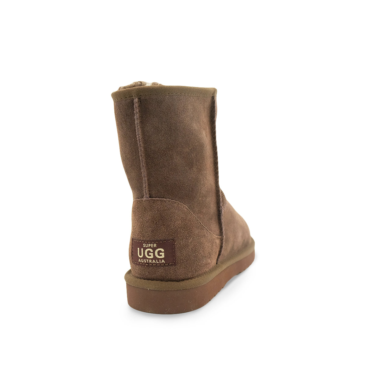 Chocolate suede sheepskin boot shown from rear angle view with wool lining visible. - Yellow Earth Australia