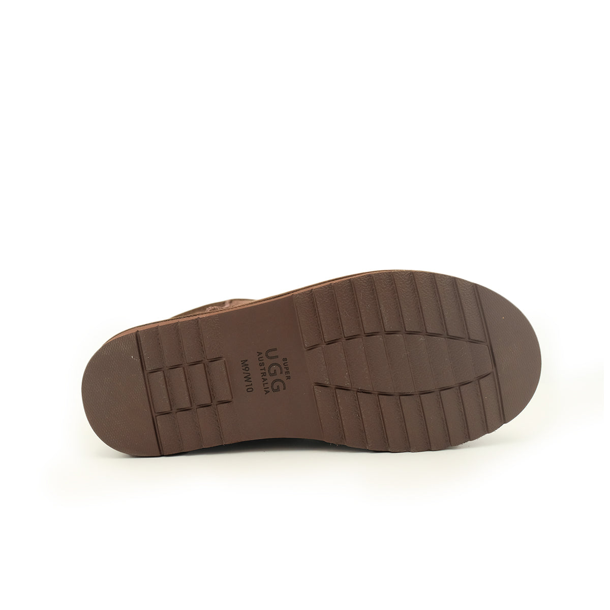 Brown leather sole of sheepskin boot shown from underneath angle. - Yellow Earth Australia