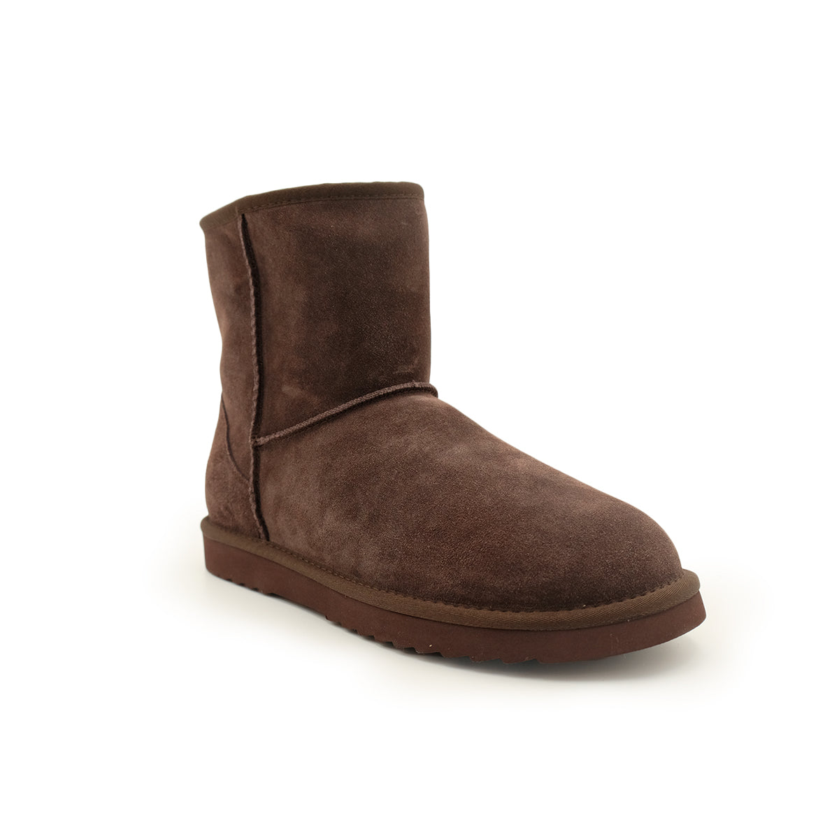 Brown suede sheepskin short boot with fluffy wool lining, side view. - Yellow Earth Australia