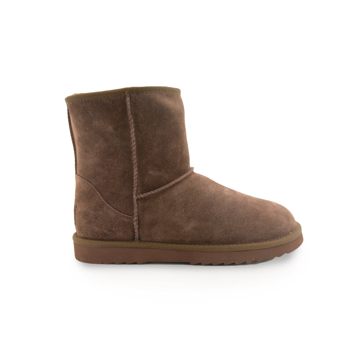 Brown suede sheepskin short boot with fluffy wool lining, side view. - Yellow Earth Australia