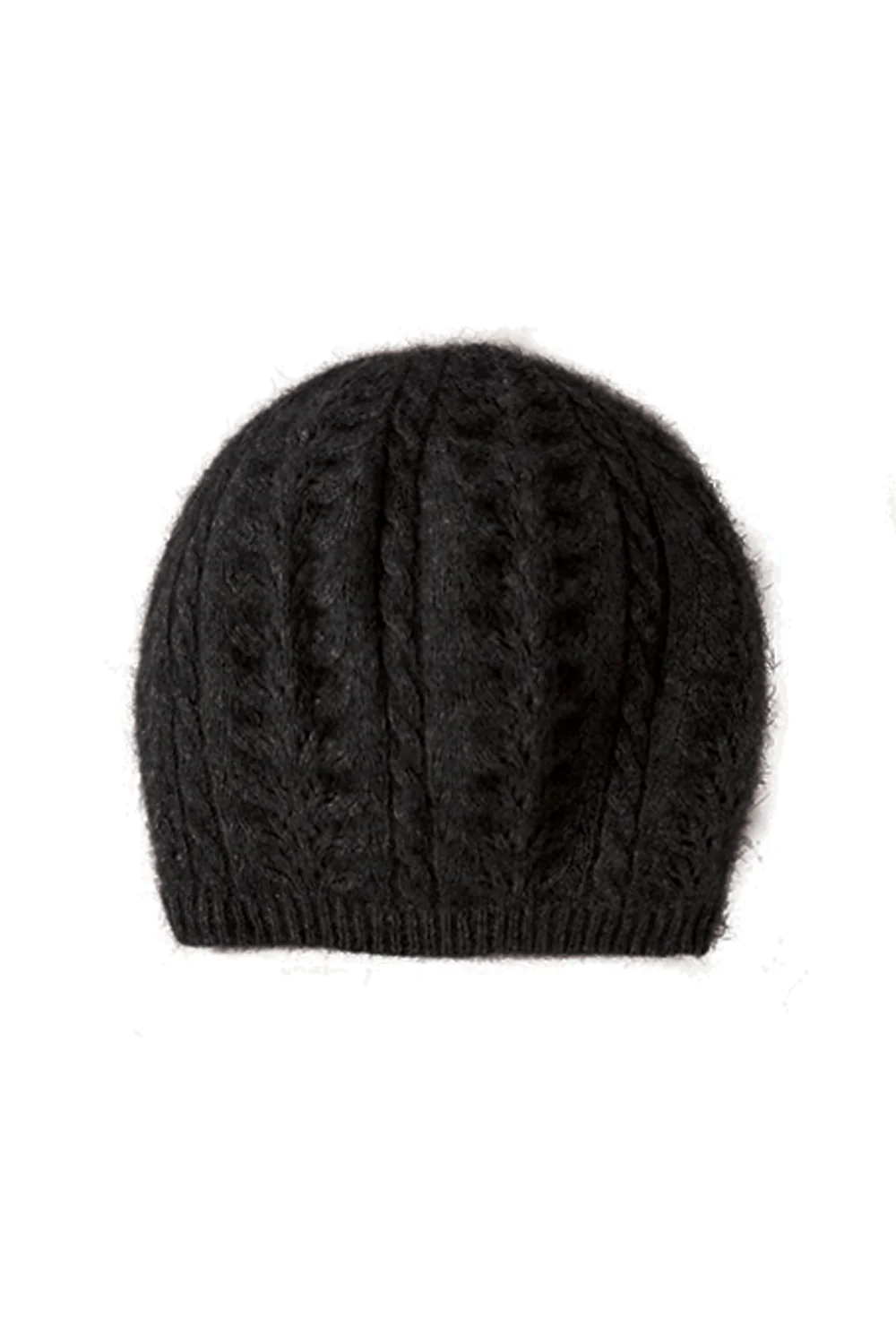 Black cable knit wool beanie with ribbed cuff, front view on white background. - Yellow Earth Australia