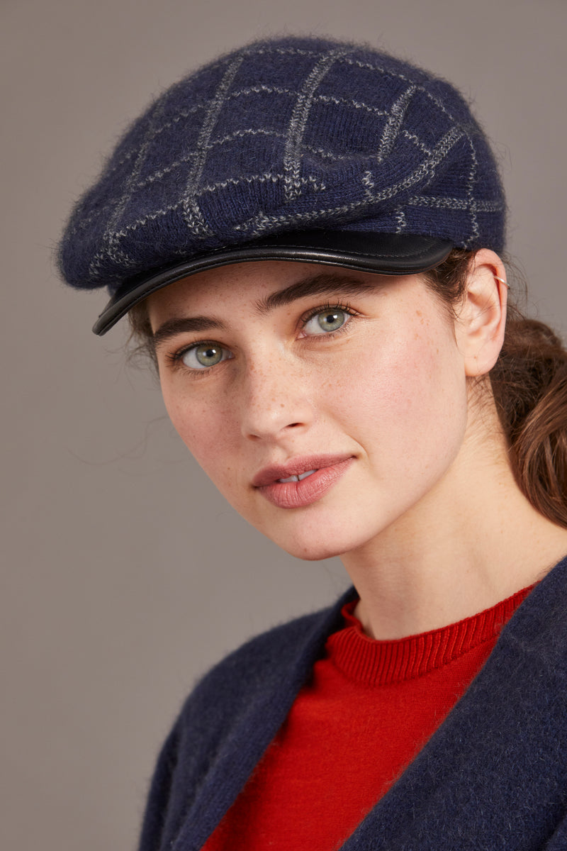 Possum Merino Wool Silk Hat - Check Pattern Cheesecutter - Made in NZ - Navy/Pewter - Yellow Earth Australia