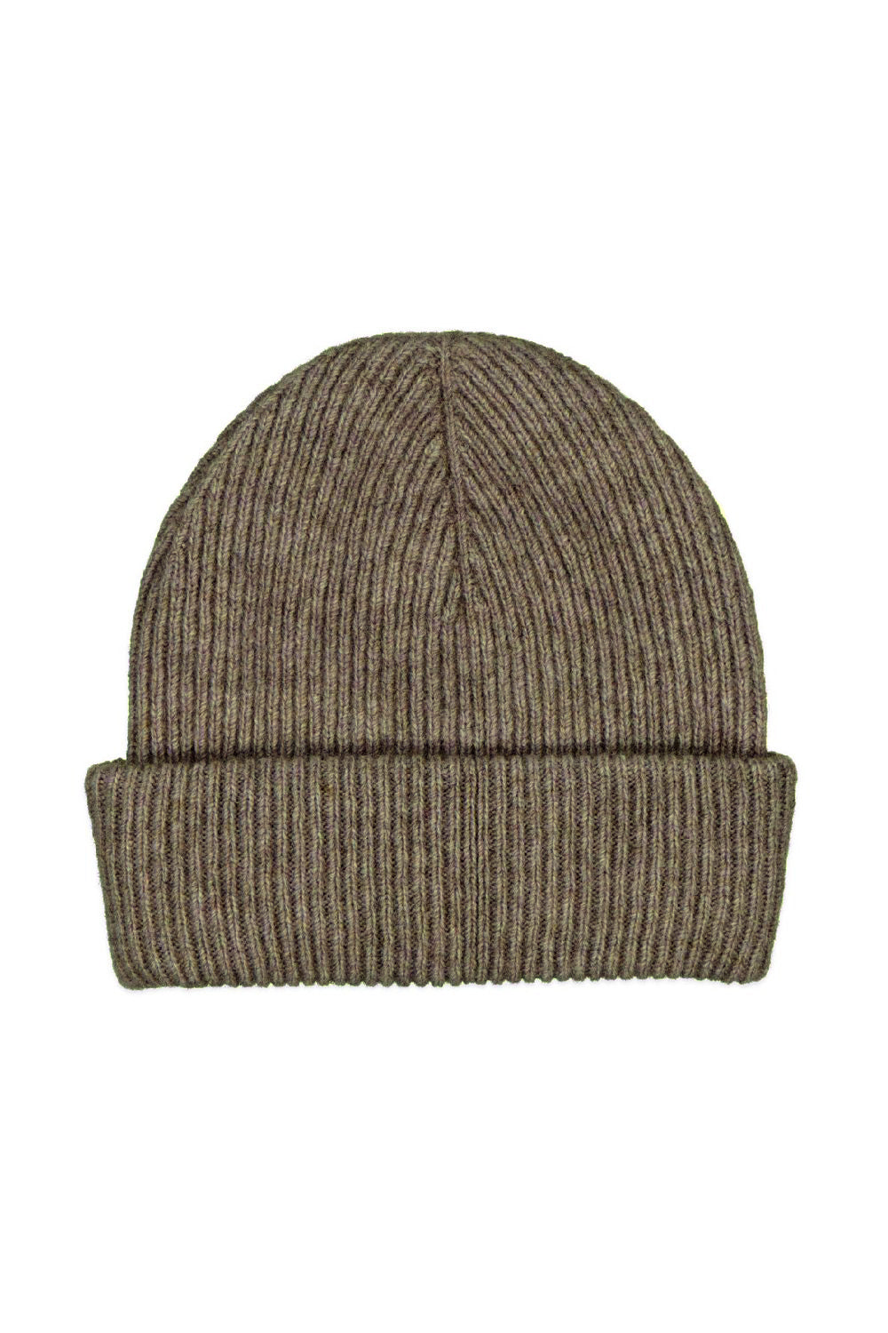 Khaki ribbed wool beanie with turned-up cuff displayed against white background. - Yellow Earth Australia