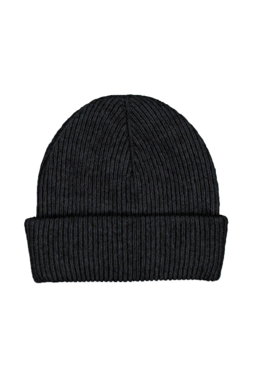 Black ribbed wool beanie hat displayed front view on white background. - Yellow Earth Australia