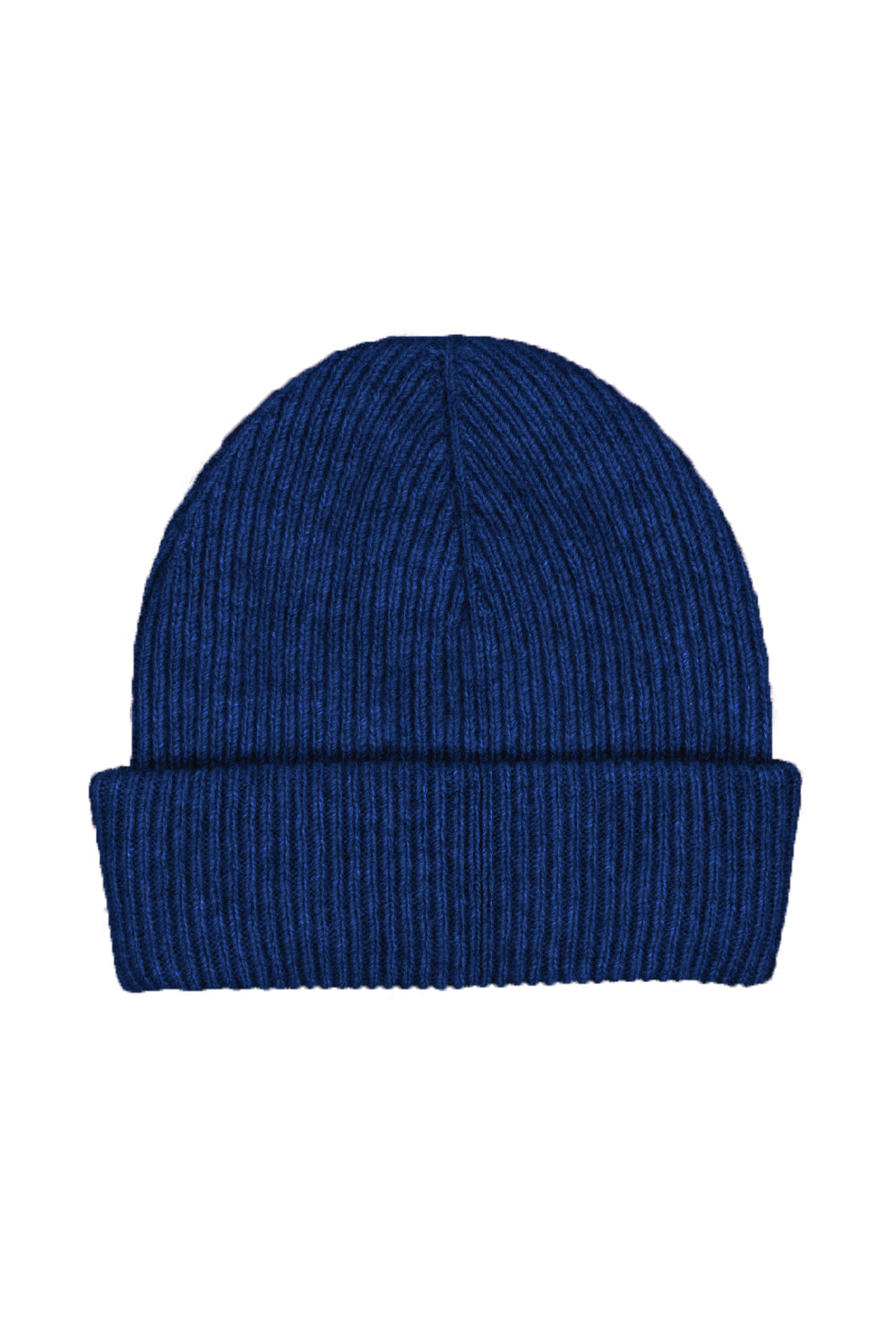 Navy ribbed wool beanie hat displayed against white background. - Yellow Earth Australia