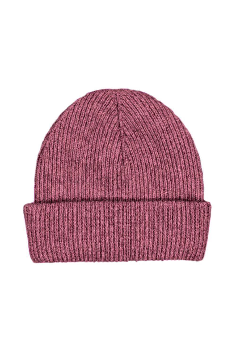 Mauve ribbed wool beanie with folded cuff, front view. - Yellow Earth Australia