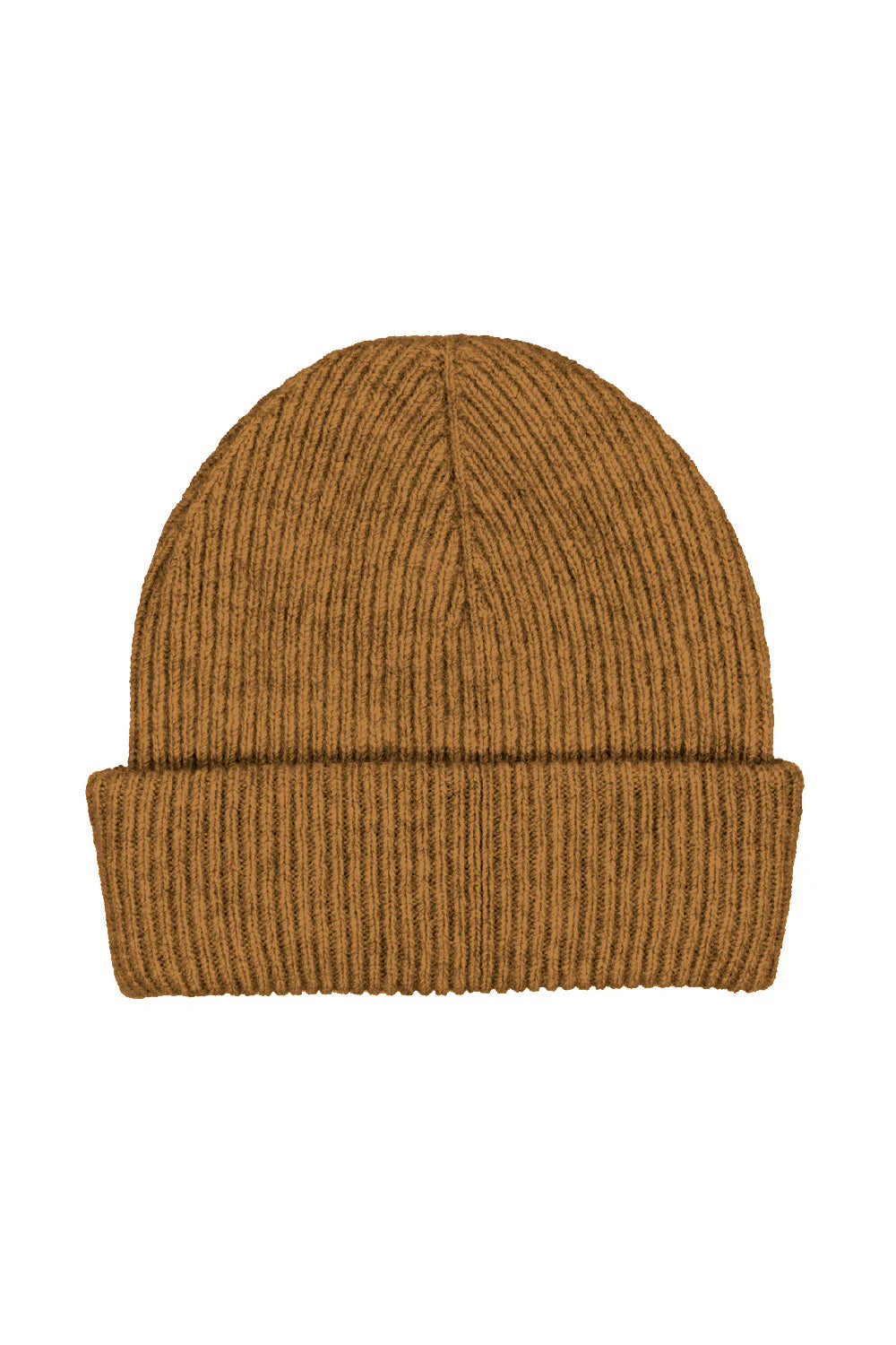 Caramel ribbed wool beanie displayed flat against white background. - Yellow Earth Australia