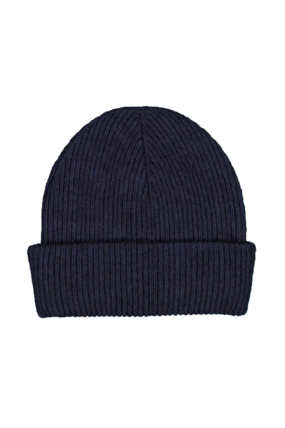 A dark navy blue ribbed knit beanie hat, shown from the front on a solid white background - The Possum Merino Wool Silk Fine Rib Hat in Navy.