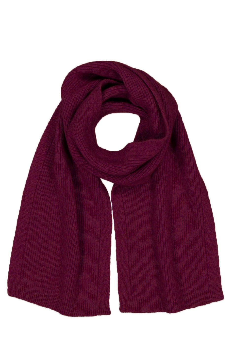 Burgundy ribbed wool scarf displayed flat on white background. - Yellow Earth Australia