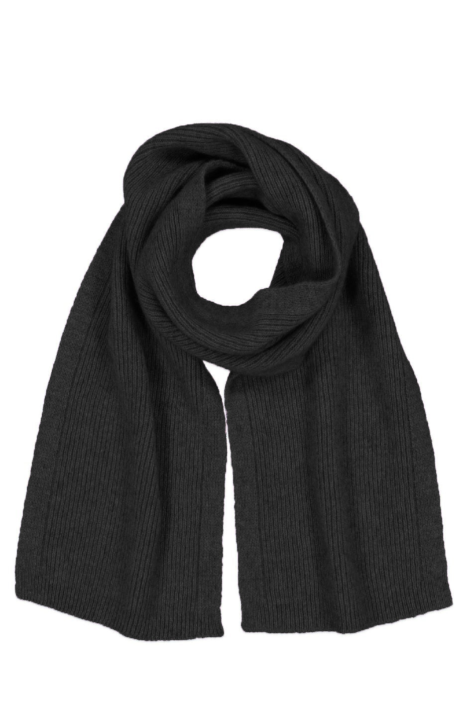 Black ribbed wool scarf displayed flat on white background showing full length and texture. - Yellow Earth Australia