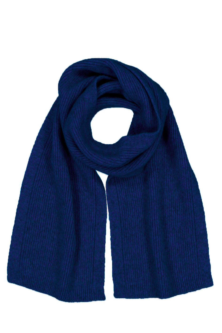 Navy ribbed wool scarf displayed flat against white background. - Yellow Earth Australia