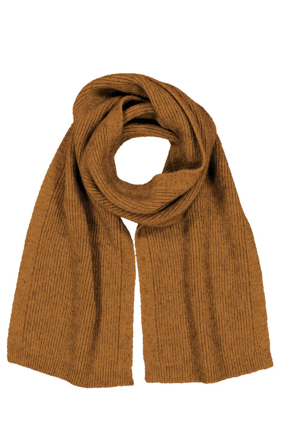 Caramel ribbed wool scarf displayed flat on white background. - Yellow Earth Australia