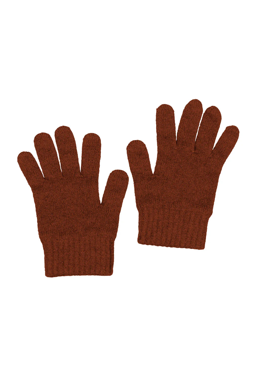 Pair of rust-brown wool knit gloves displayed flat against white background. - Yellow Earth Australia