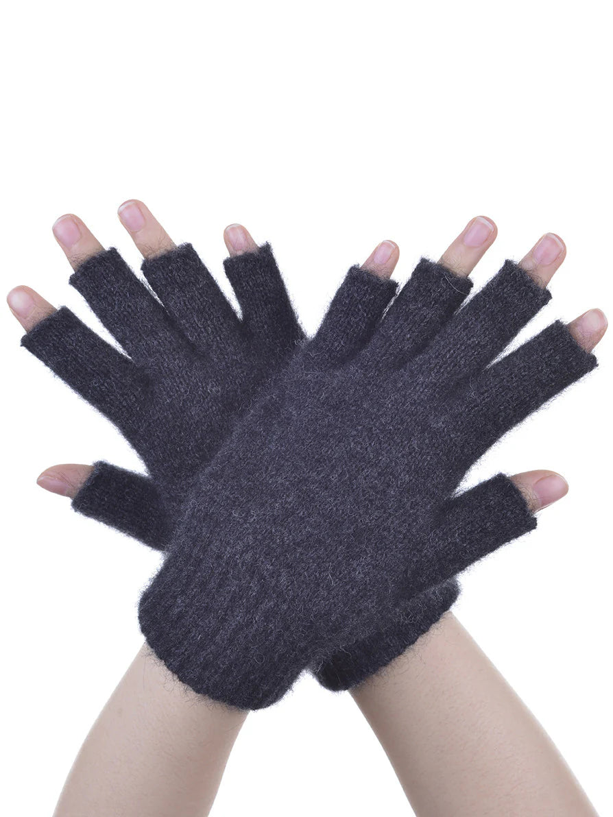 Black fingerless wool gloves displayed flat lay, showing exposed fingertips and soft texture. - Yellow Earth Australia