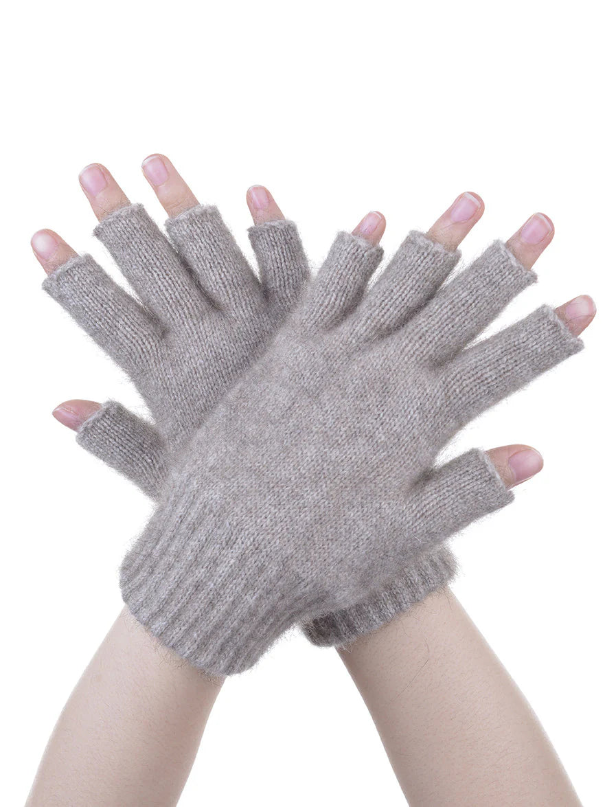 Grey fingerless wool gloves with open fingertips displayed flat lay on white background. - Yellow Earth Australia