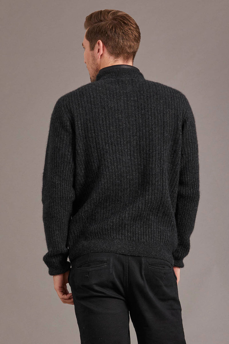 Possum Merino Wool Men's Rib Zip Jacket with Leather Trim