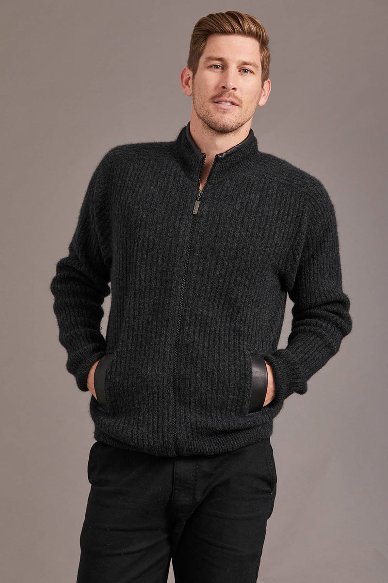 Possum Merino Wool Men's Rib Zip Jacket with Leather Trim