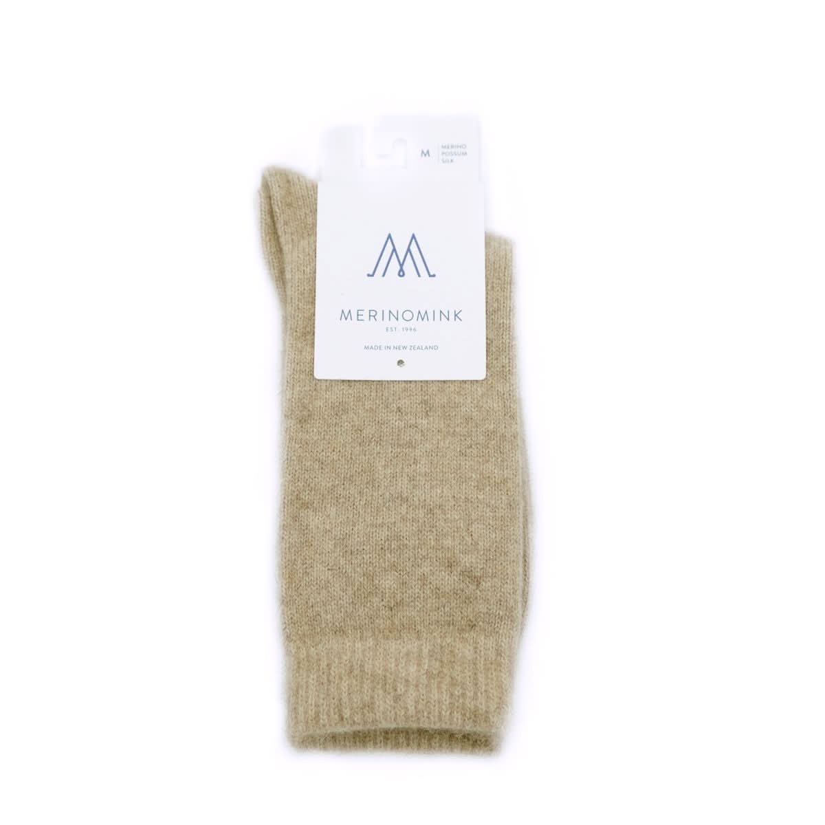 Beige merino wool socks displayed flat on white background, showing folded pair with ribbed cuff ... - Yellow Earth Australia
