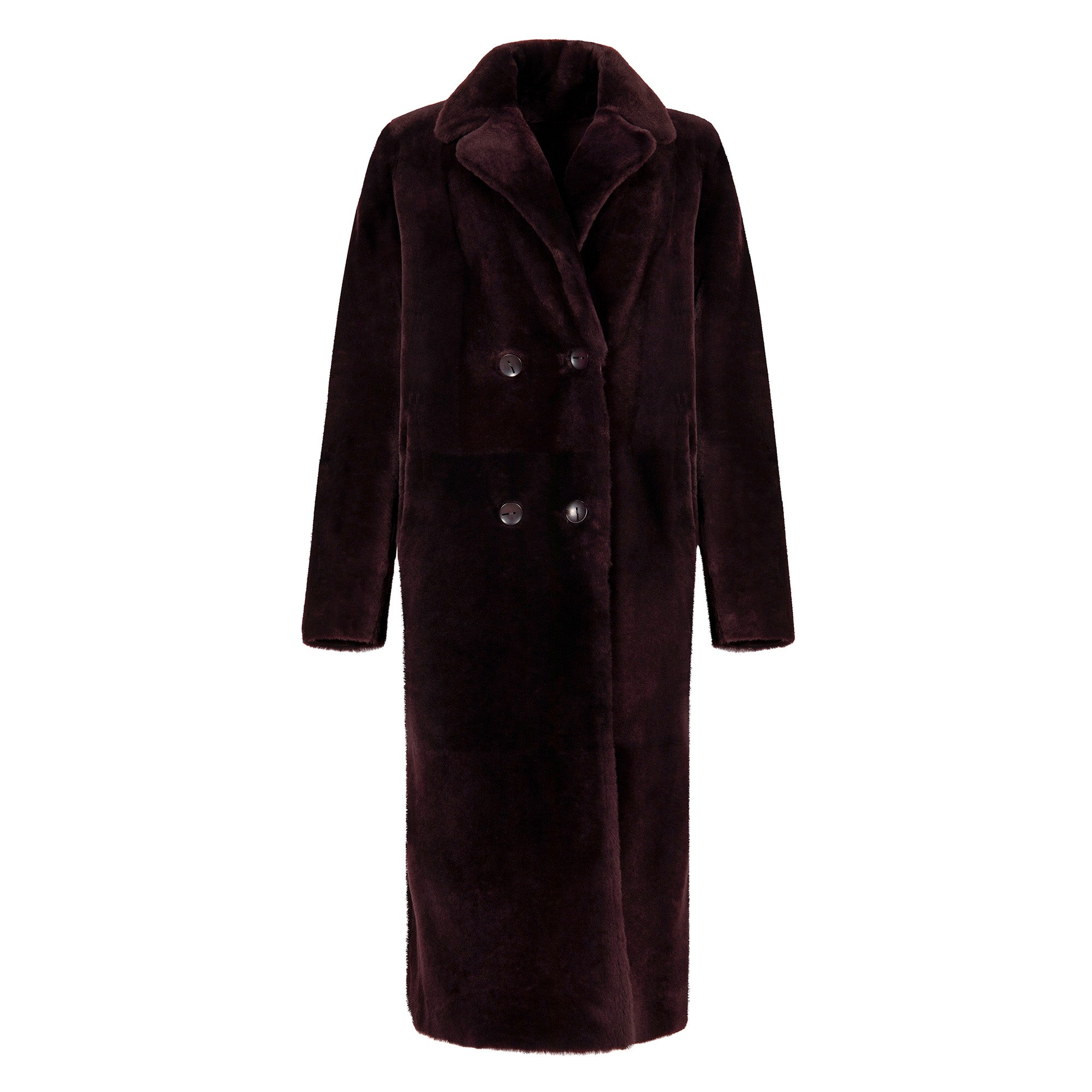 Burgundy double-breasted sheepskin coat displayed on white background. - Yellow Earth Australia